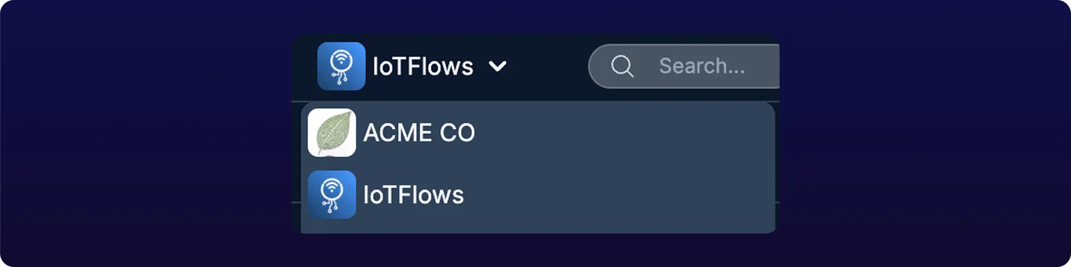 The dashboard header with the organization switcher open, listing two organizations below the current one