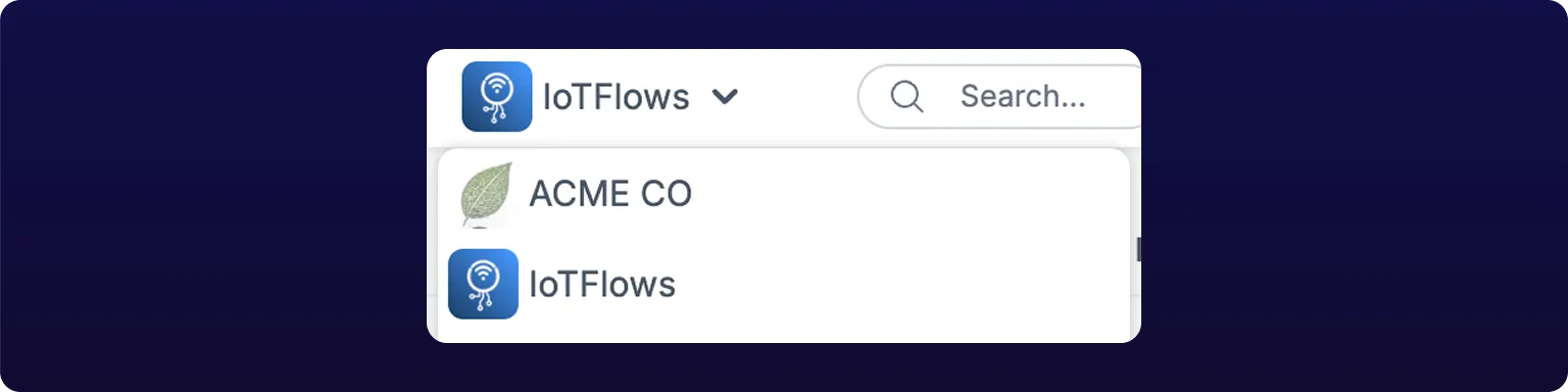 The dashboard header with the organization switcher open, listing two organizations below the current one