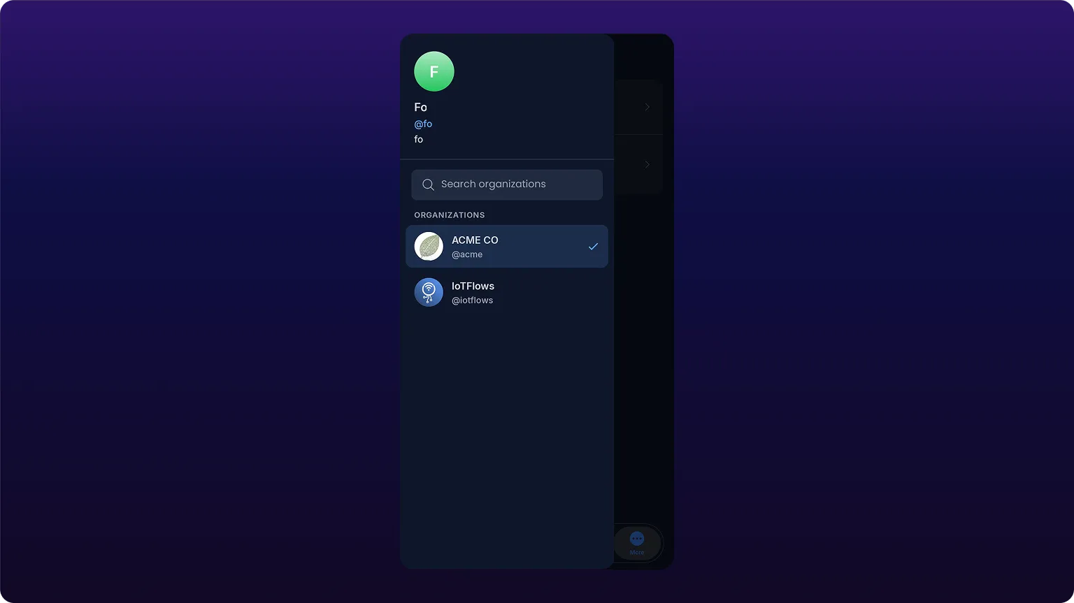 The iOS organization selection modal listing the organizations on the account above a search bar