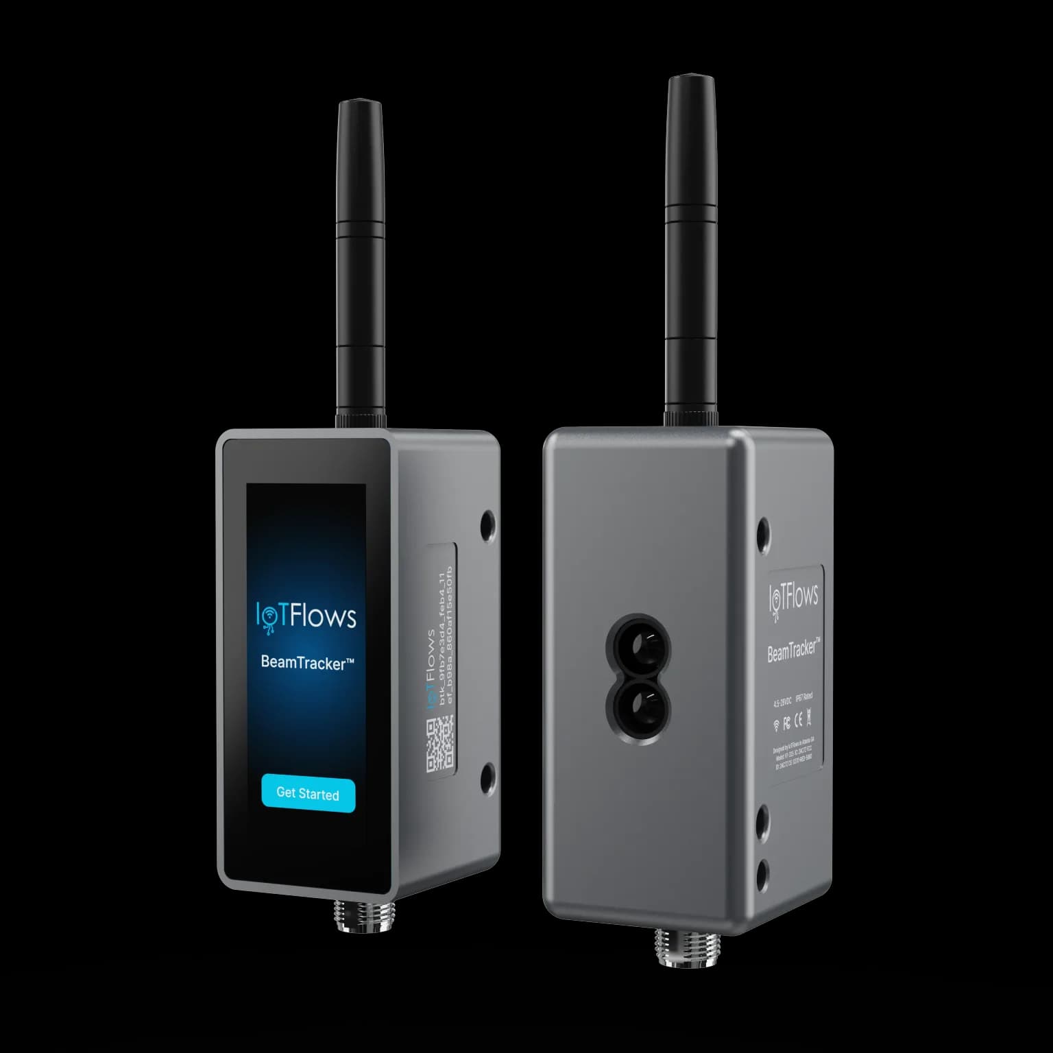 A BeamTracker shown from the front and the back. The front is a tall gray housing filled by a touchscreen reading BeamTracker with a Get Started button. The back carries two round lenses, the emitter and receiver, above the product label, with a stub antenna on top and a threaded M12 connector below