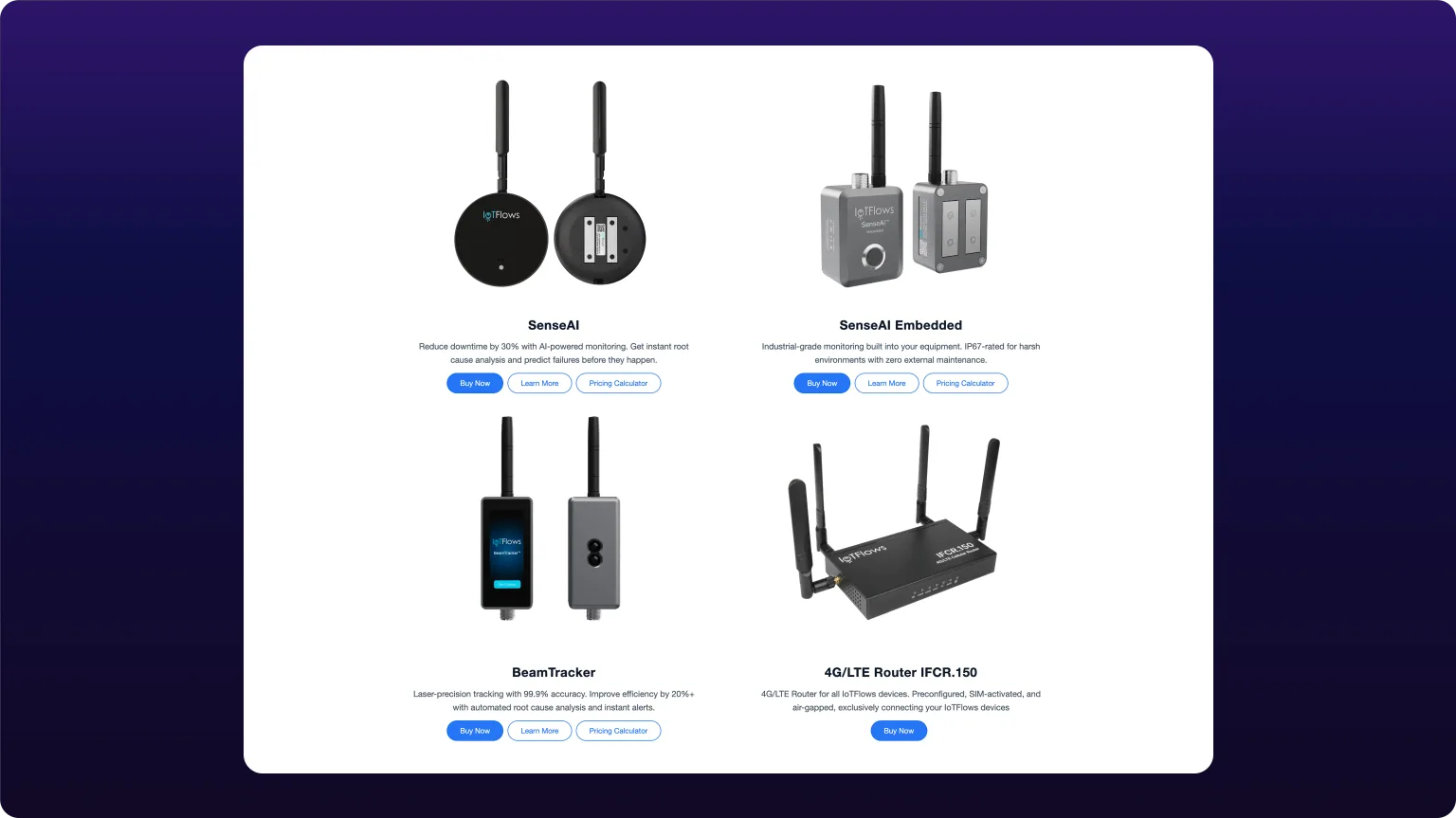 The IoTFlows shop listing SenseAi, SenseAi Embedded, BeamTracker and the IFCR.150 4G/LTE router, each with Buy Now and Pricing Calculator buttons
