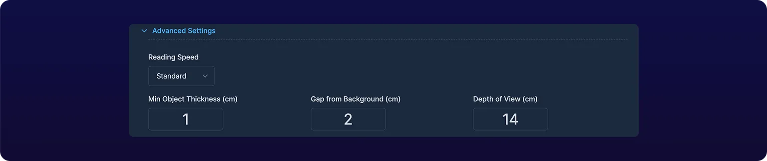 The expanded Advanced Settings section of the Calibration tab: a Reading Speed dropdown set to Standard, above three numeric fields reading Min Object Thickness 1 cm, Gap from Background 2 cm, and Depth of View 14 cm