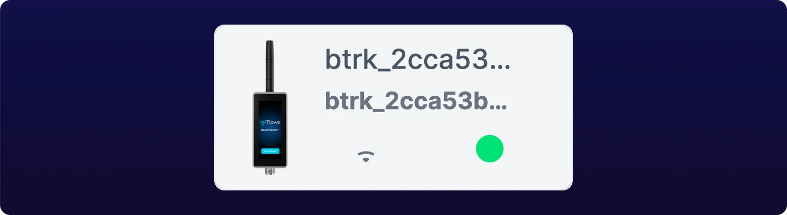 A single BeamTracker sensor card enlarged. Below the device name and its id sit the card's two indicators: a Wi-Fi icon showing one arc, and a filled green dot.