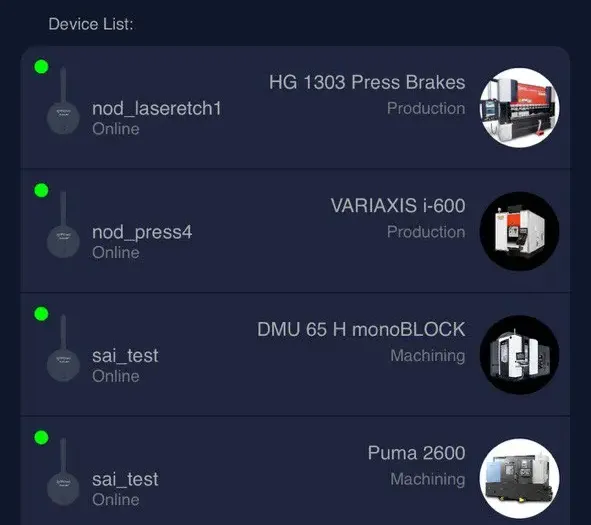 The Device List on the iOS Settings Devices screen. Four rows, each with a sensor icon and a green dot, the device name above the word Online, and the machine name above its department with the machine's photo on the right.
