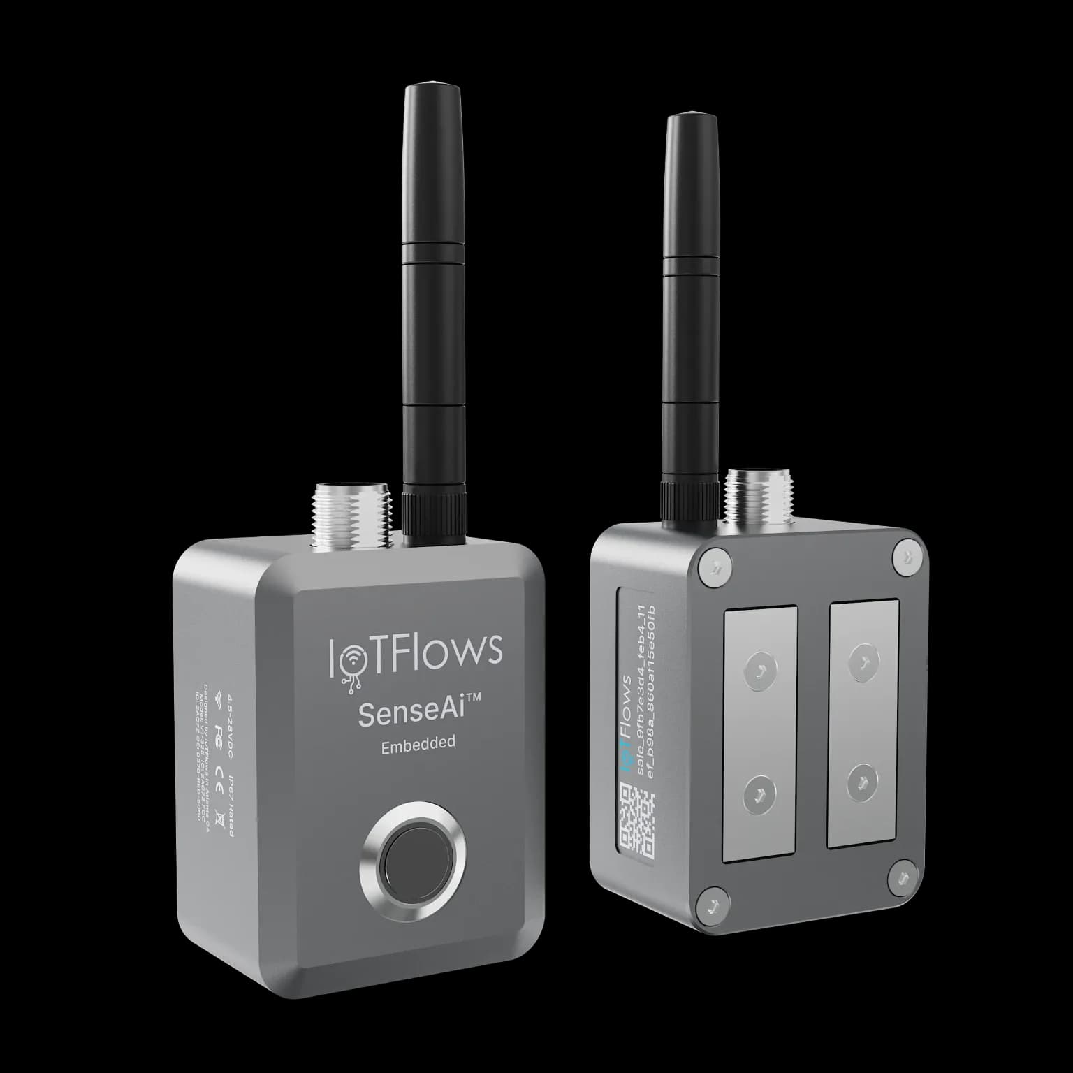 A SenseAi Embedded shown from the front and the back. The front is a gray metal housing marked SenseAi Embedded with a recessed button, and a threaded M12 connector and a stub antenna rise from the top edge. The back carries two metal magnetic pads between four corner screws