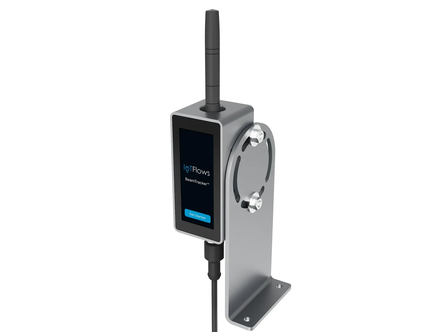 A BeamTracker product render, mounted on a slotted steel L-bracket by two bolts, with its touchscreen showing a Get Started button, the antenna rising from the top and an M12 cable leaving the bottom