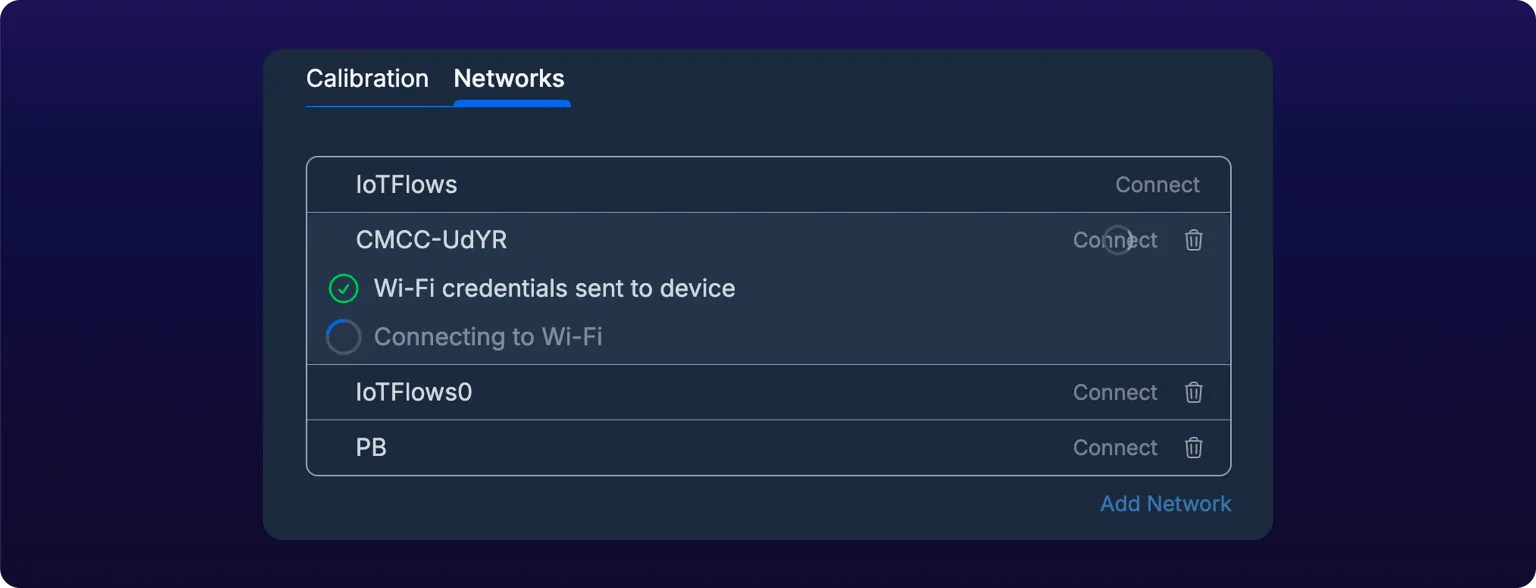 The Networks tab mid-push. Under the row for the network being joined, a green tick reads Wi-Fi credentials sent to device and a spinner below it reads Connecting to Wi-Fi, while that row's Connect action shows its own spinner. The IoTFlows row above carries a Connect action but no delete icon; the saved networks below carry both.