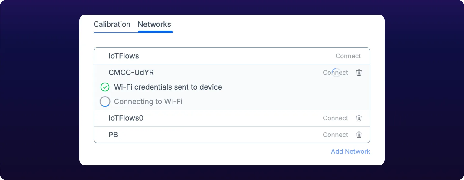 The Networks tab mid-push. Under the row for the network being joined, a green tick reads Wi-Fi credentials sent to device and a spinner below it reads Connecting to Wi-Fi, while that row's Connect action shows its own spinner. The IoTFlows row above carries a Connect action but no delete icon; the saved networks below carry both.