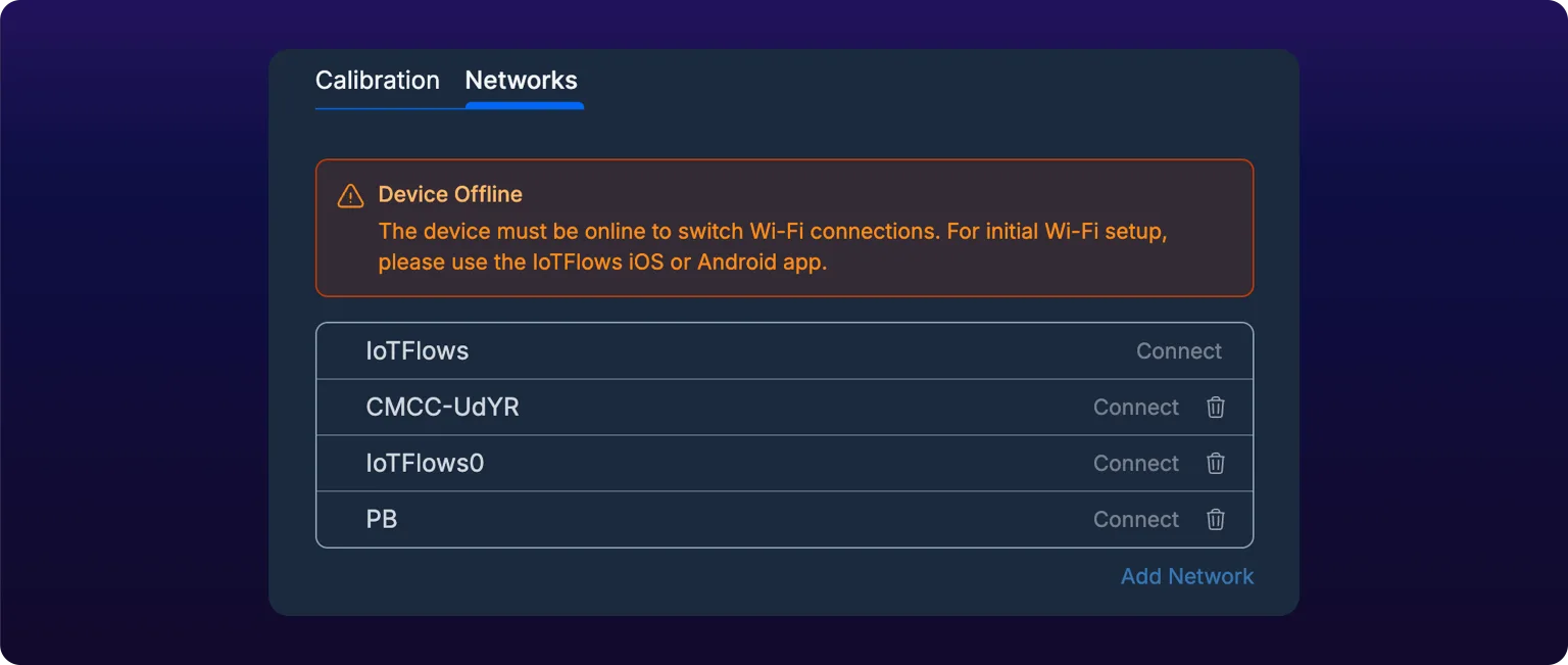 The Networks tab on an offline device. An orange Device Offline banner sits above the network list, reading that the device must be online to switch Wi-Fi connections and that initial setup needs the IoTFlows iOS or Android app. Every Connect action below it is grayed out.