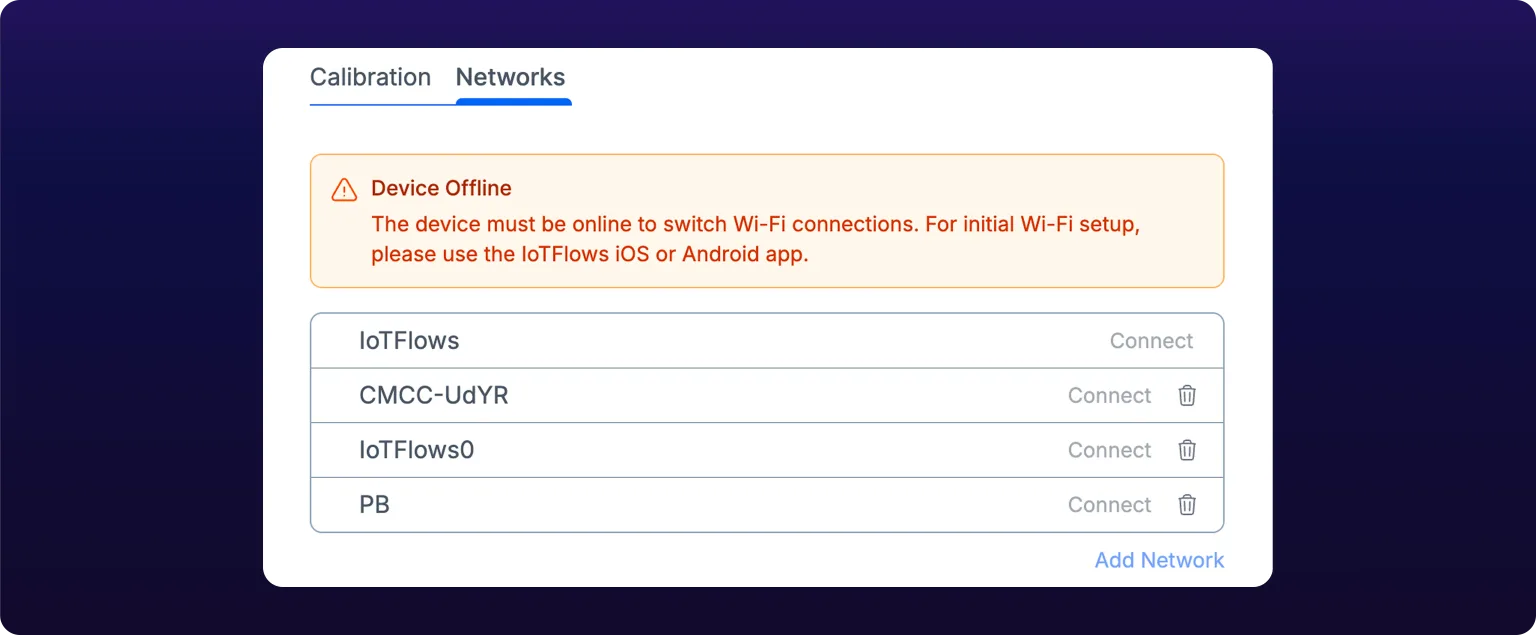 The Networks tab on an offline device. An orange Device Offline banner sits above the network list, reading that the device must be online to switch Wi-Fi connections and that initial setup needs the IoTFlows iOS or Android app. Every Connect action below it is grayed out.