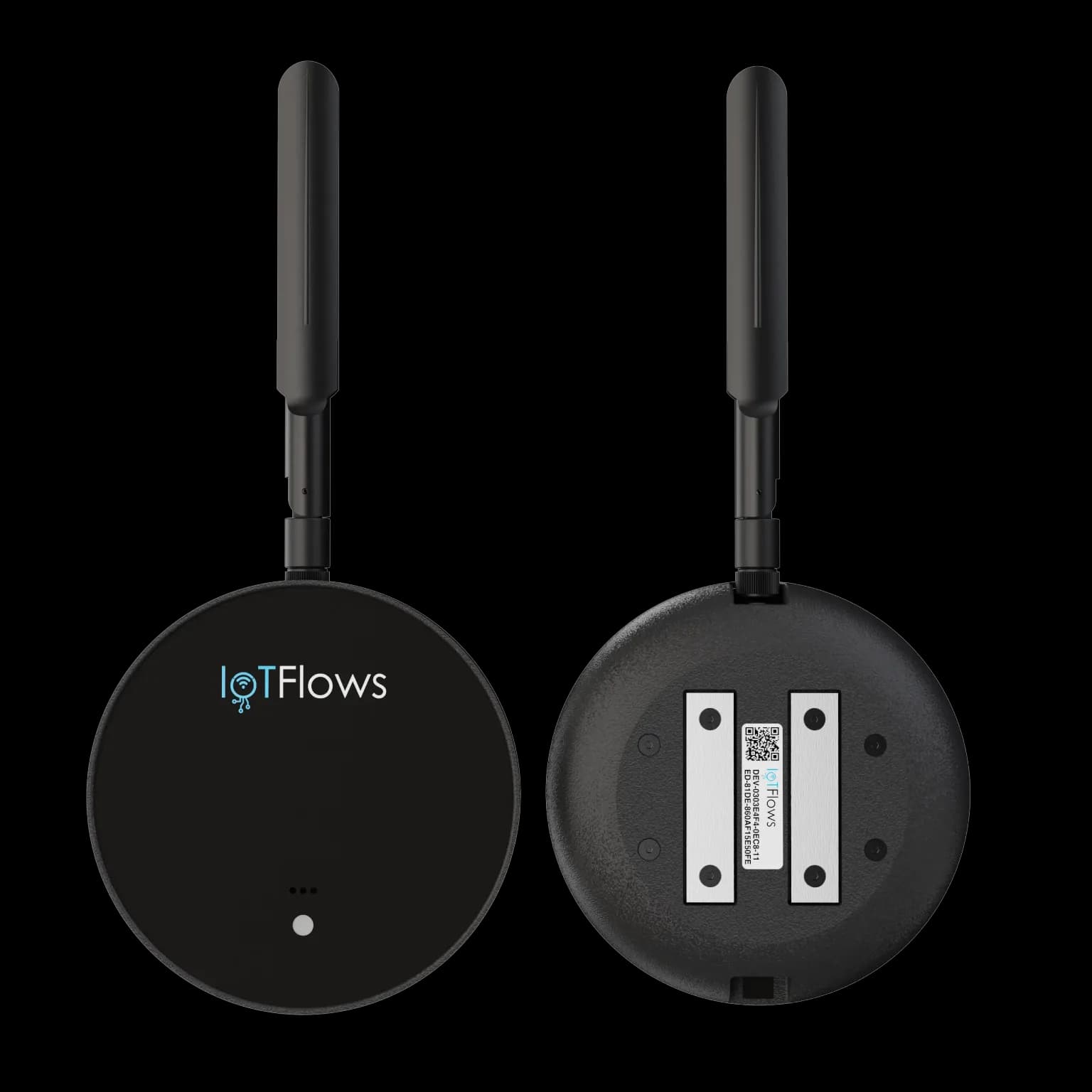 A SenseAi shown from the front and the back. The front is a black disc carrying the IoTFlows logo and a status LED. The back shows two metal magnetic strips across a recessed contact face, with the screw-on antenna rising from the top edge of both views