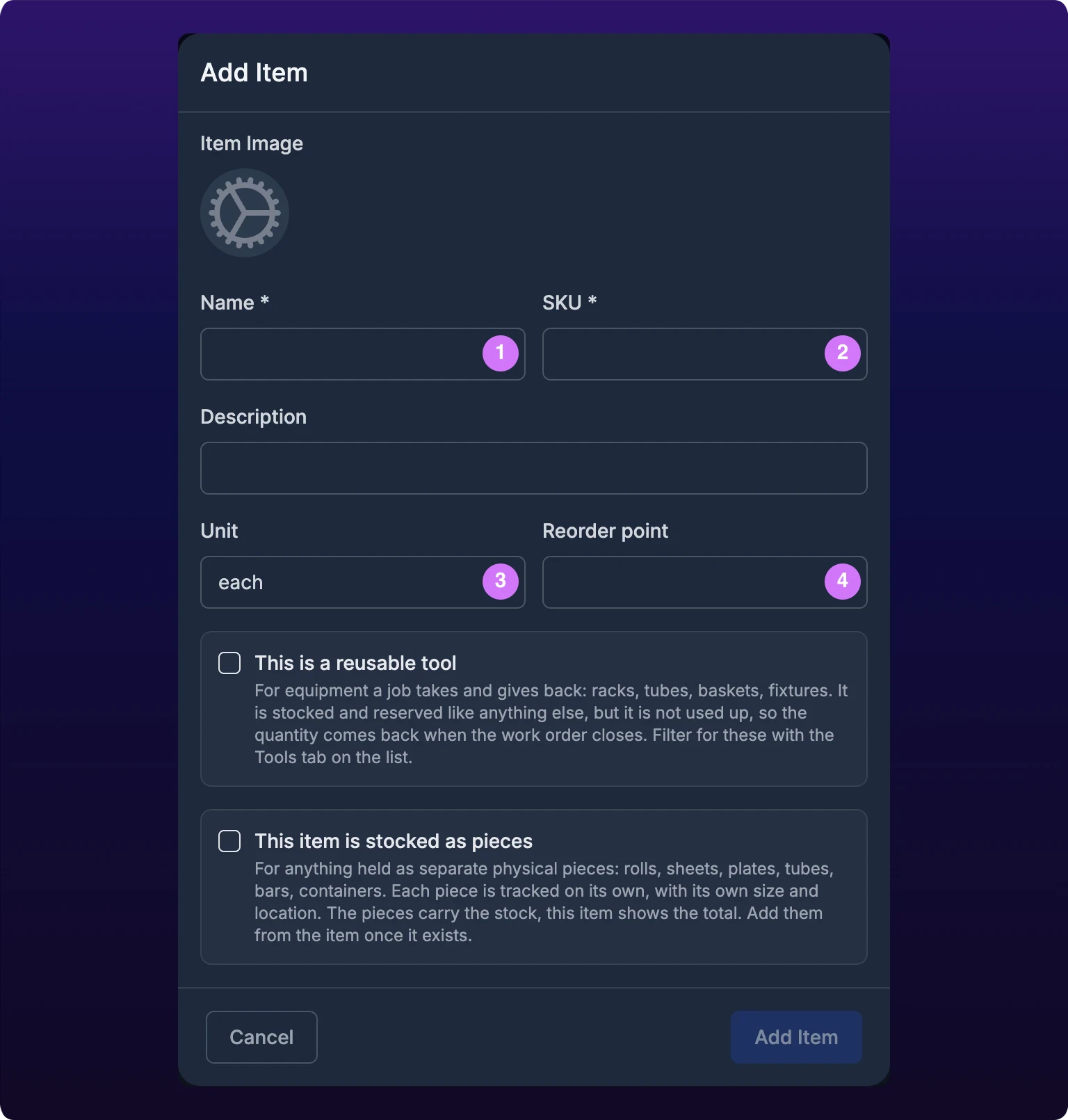 The Add Item modal with numbered callouts on Name, SKU, Unit and Reorder point