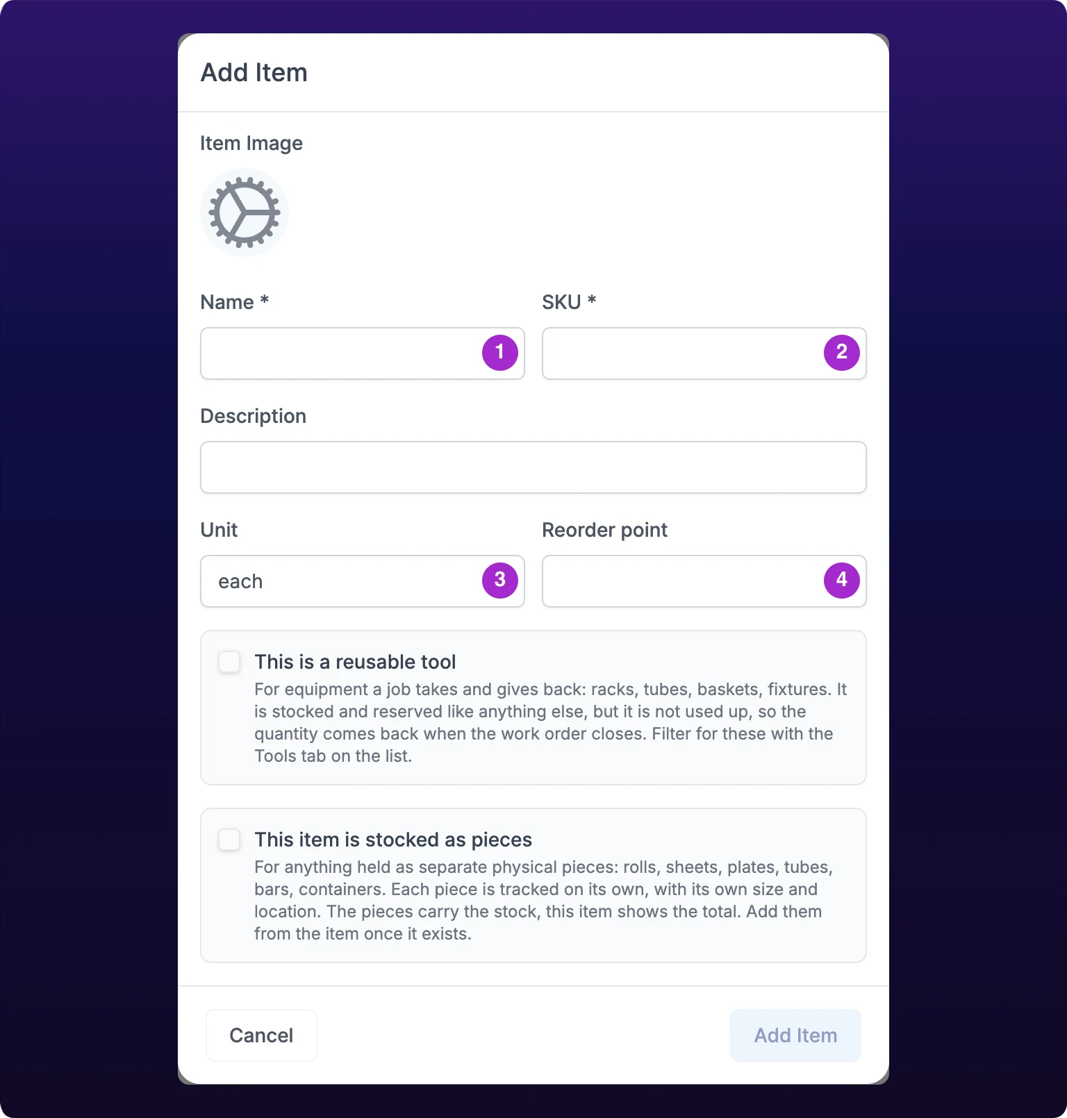 The Add Item modal with numbered callouts on Name, SKU, Unit and Reorder point