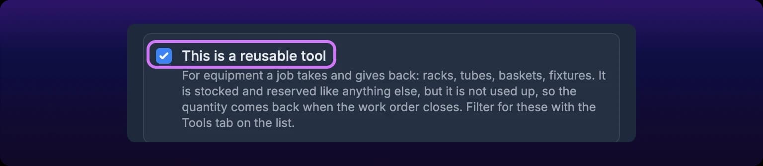 Close crop of the Add Item modal showing the This is a reusable tool checkbox ticked, with its helper text below