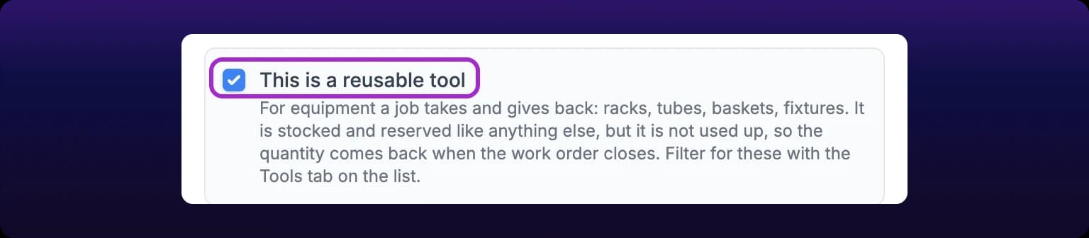 Close crop of the Add Item modal showing the This is a reusable tool checkbox ticked, with its helper text below