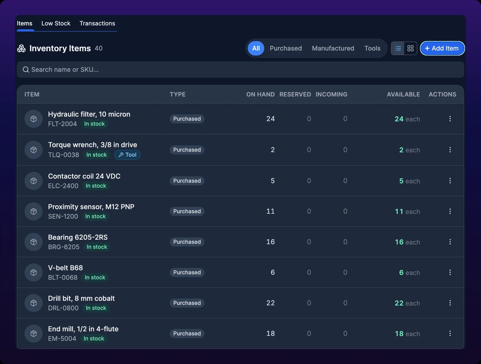The Inventory Items tab in list mode, showing item rows with On hand, Reserved, Incoming and Available columns