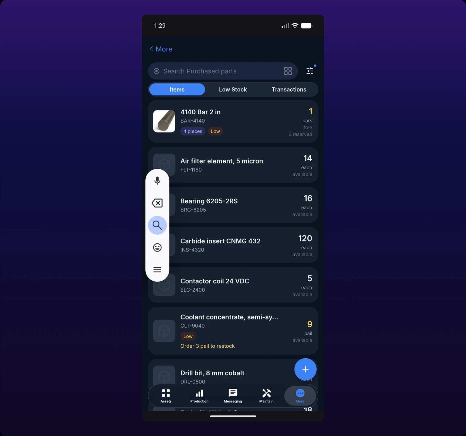 The Inventory item list on Android, showing the segment filter above a list of items