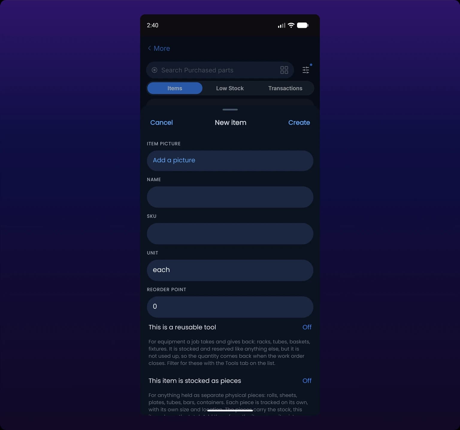 The New item sheet in the mobile app, with fields for item picture, name, SKU, unit and reorder point above the reusable-tool and stocked-as-pieces toggles
