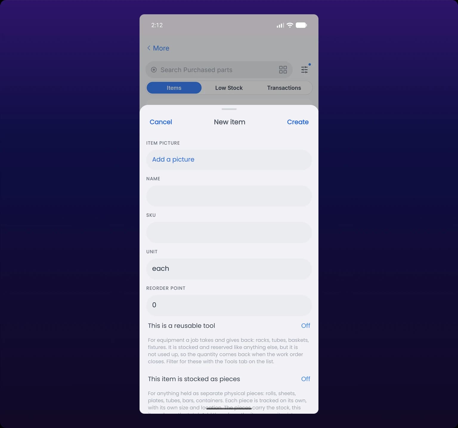 The New item sheet in the mobile app, with fields for item picture, name, SKU, unit and reorder point above the reusable-tool and stocked-as-pieces toggles