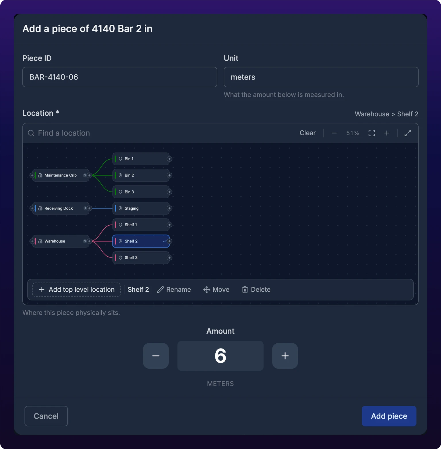 The Add a piece modal for a serialized item, showing the Piece ID, Unit, Location and Amount fields