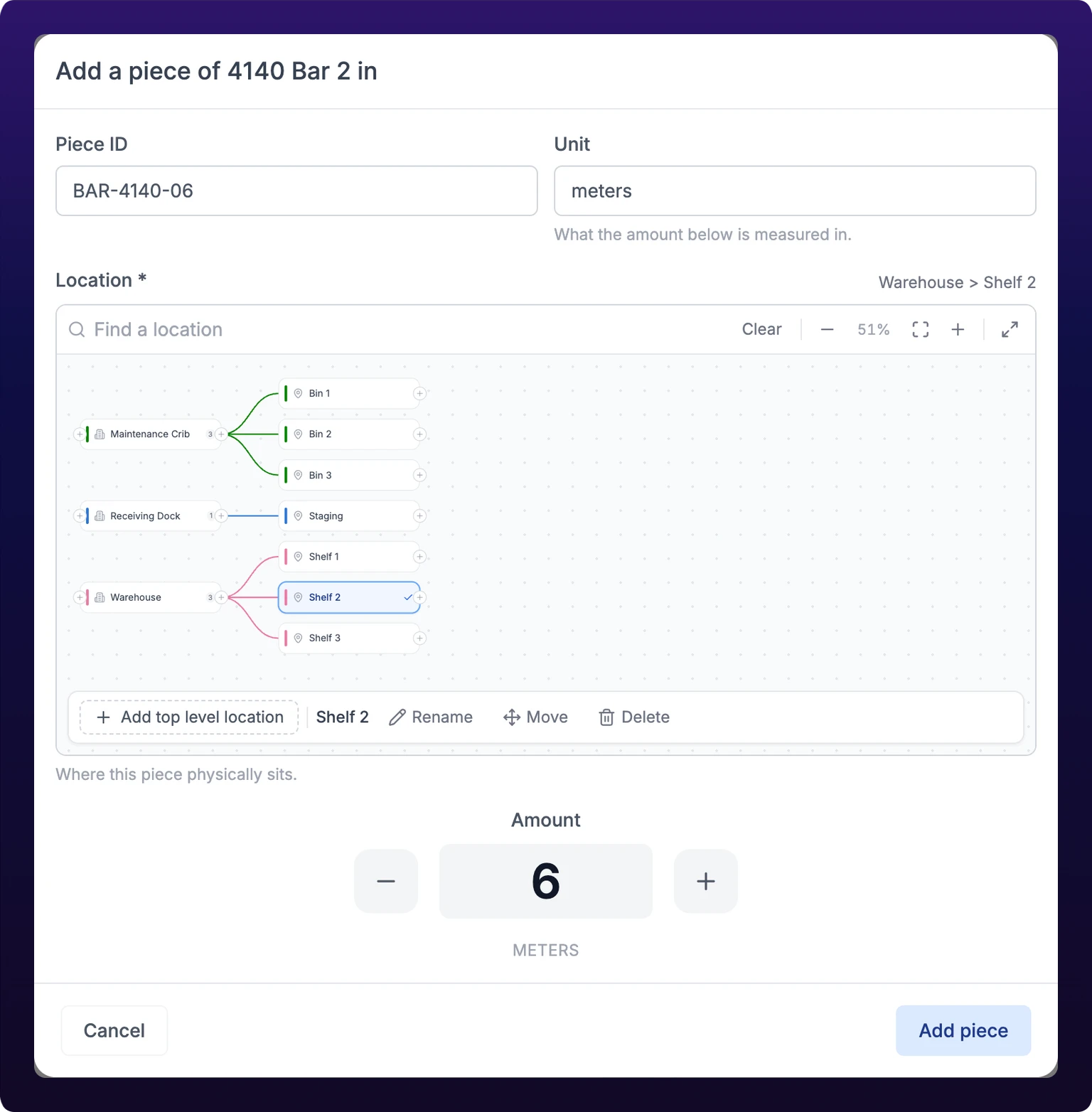 The Add a piece modal for a serialized item, showing the Piece ID, Unit, Location and Amount fields