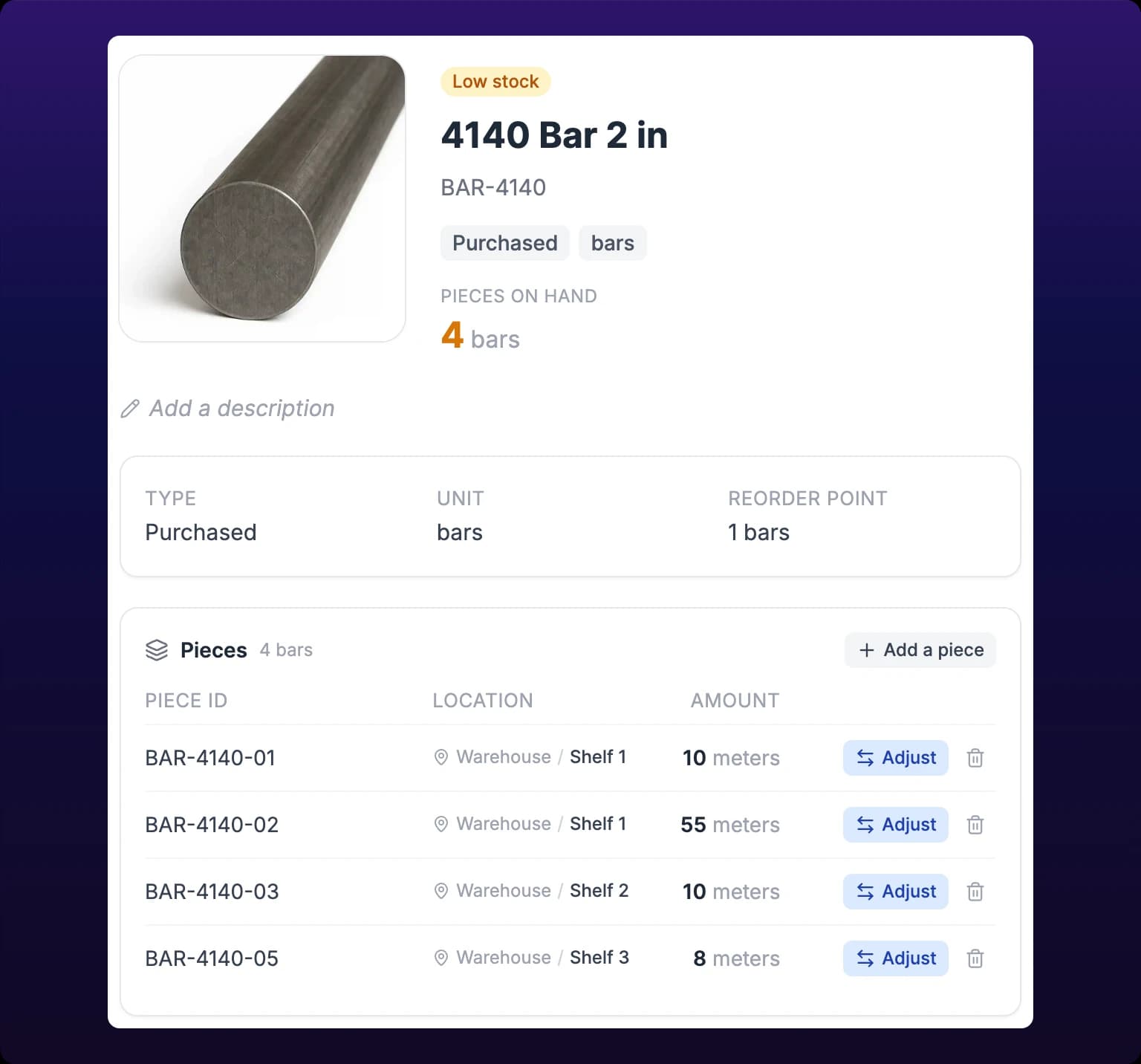 The Pieces card on an item's detail, listing four pieces with their ids, locations and amounts, each with an Adjust button