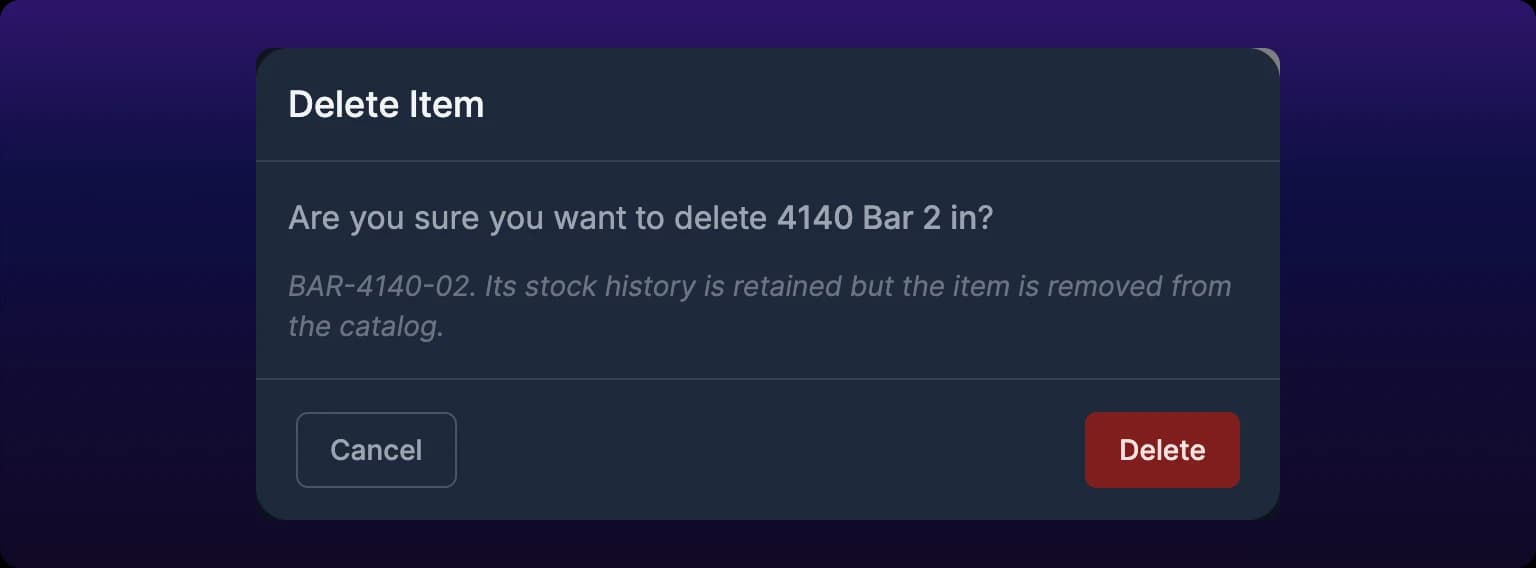 The delete confirmation dialog for a piece, titled Delete Item and naming the piece by its id