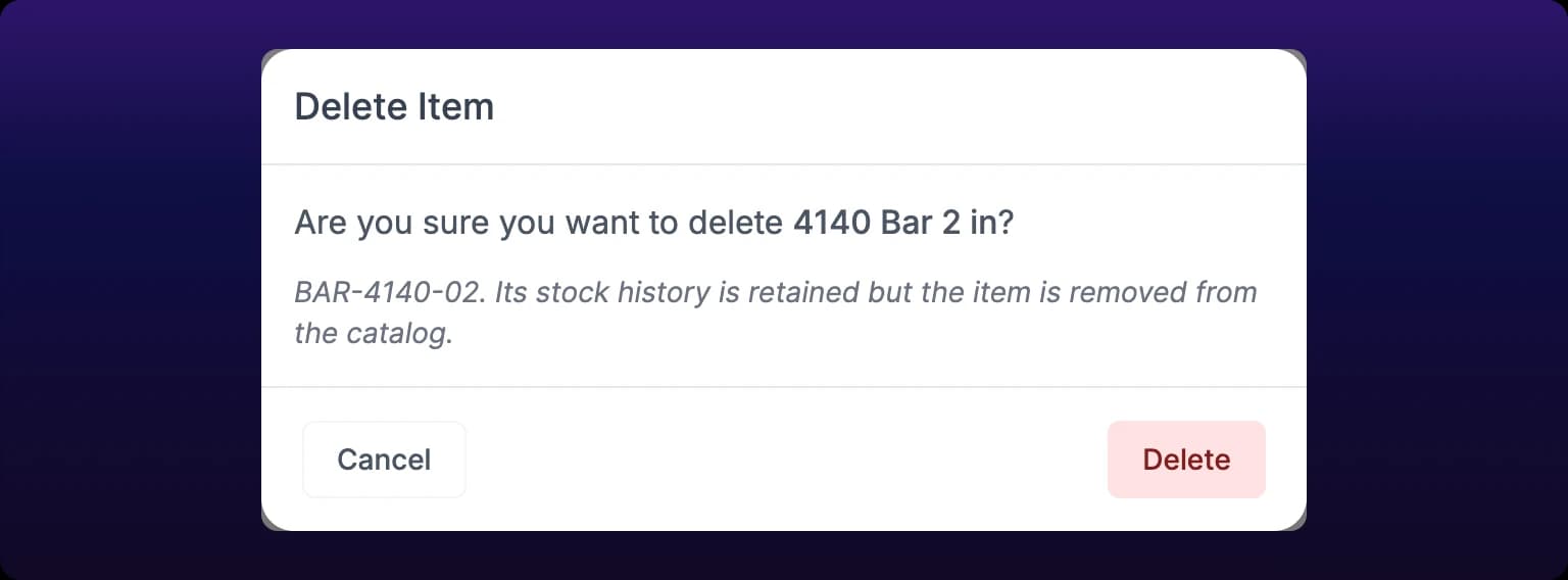 The delete confirmation dialog for a piece, titled Delete Item and naming the piece by its id
