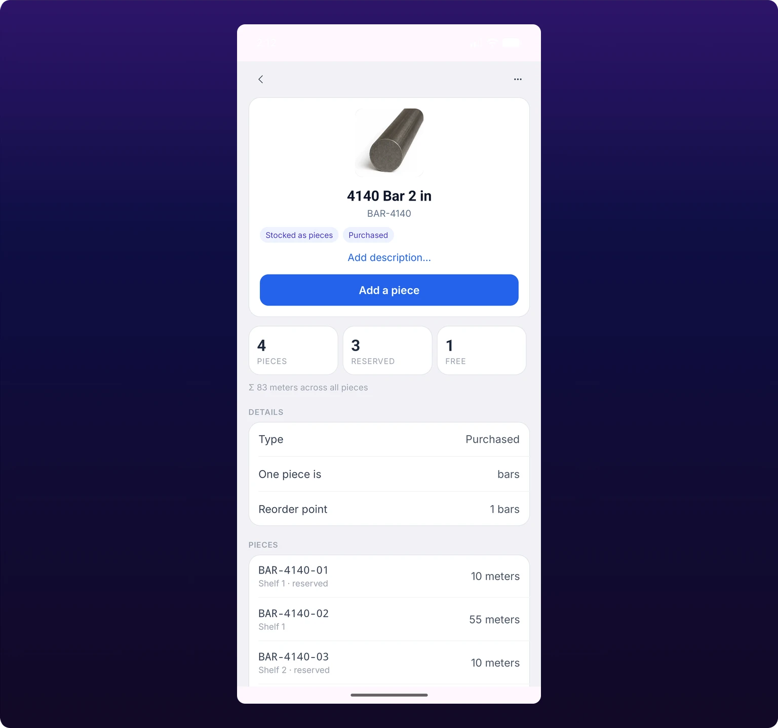 An item's pieces on the iOS app, each row showing the piece id and the amount on it