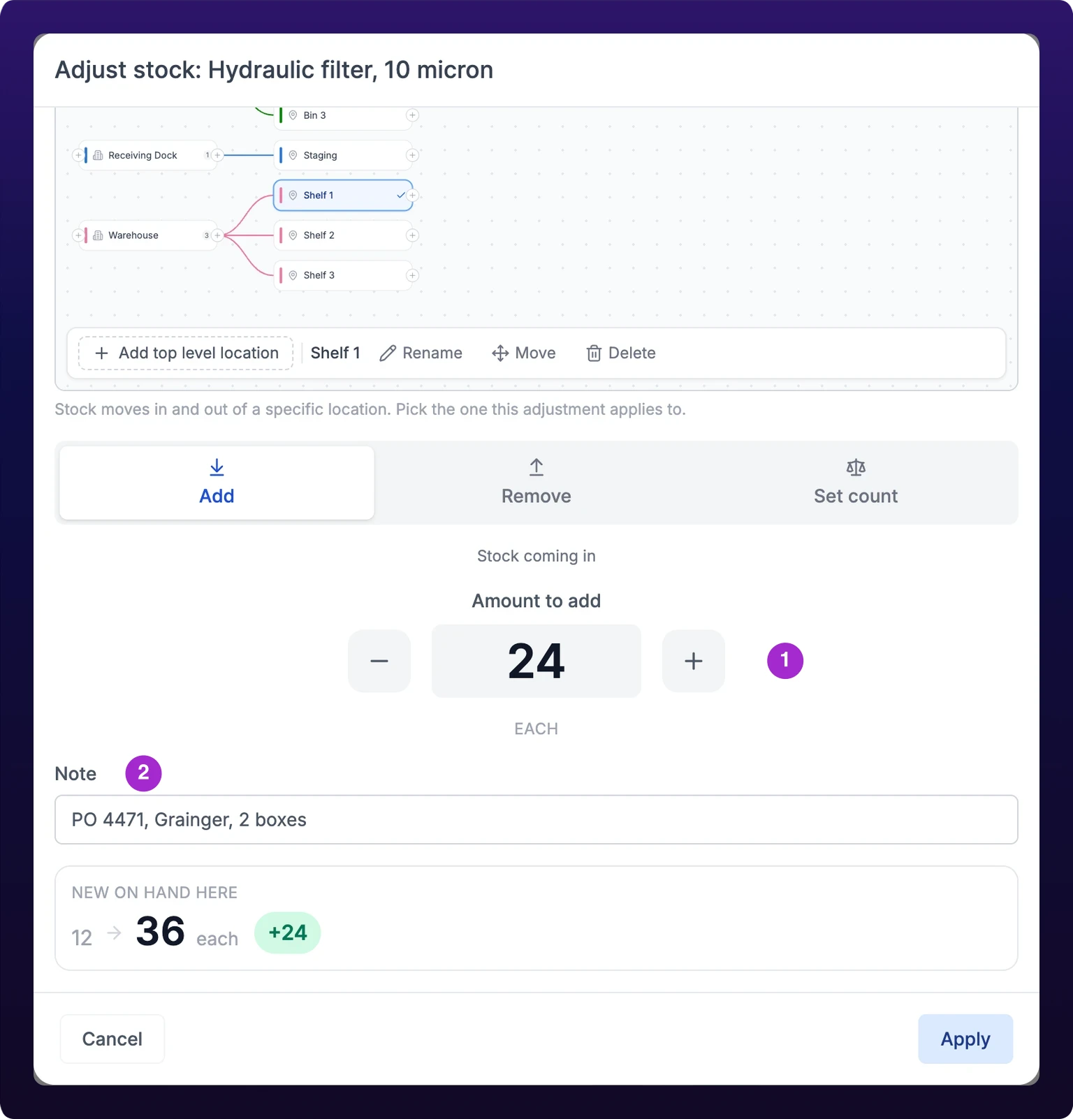 The Adjust stock modal set to Add, with a location, a quantity of 24, a note, and a preview reading 12 to 36