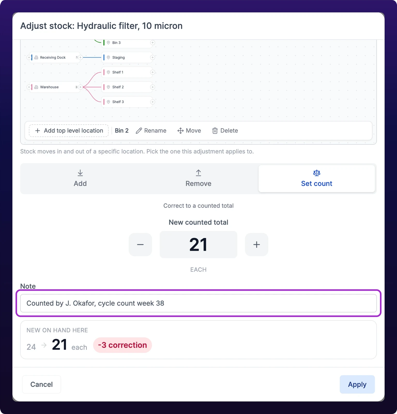 The Adjust stock modal set to Set count, with the counted total entered, a note naming the counter, and a correction pill