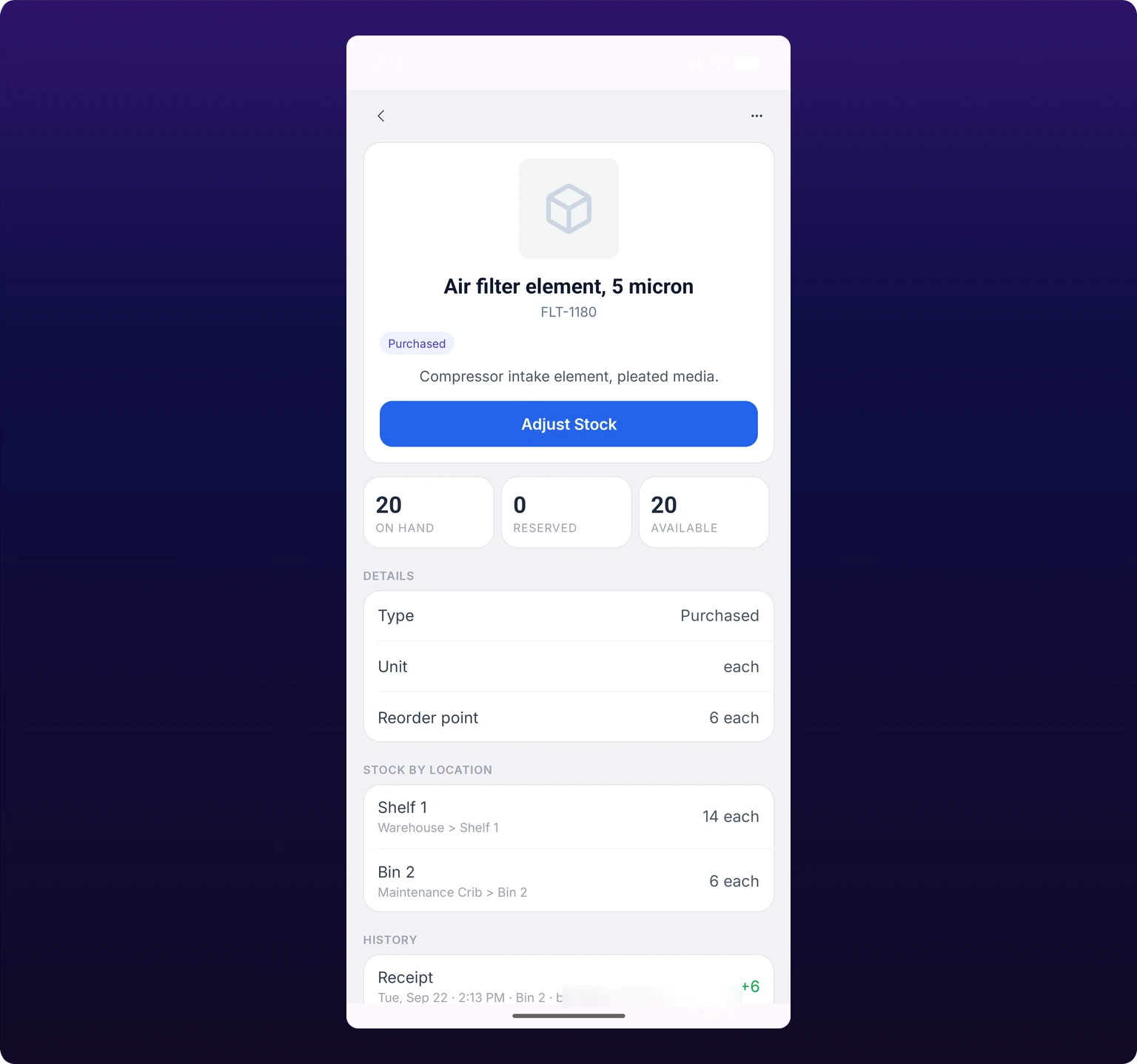 An item's stock by location on the iOS app, listing each location with its quantity