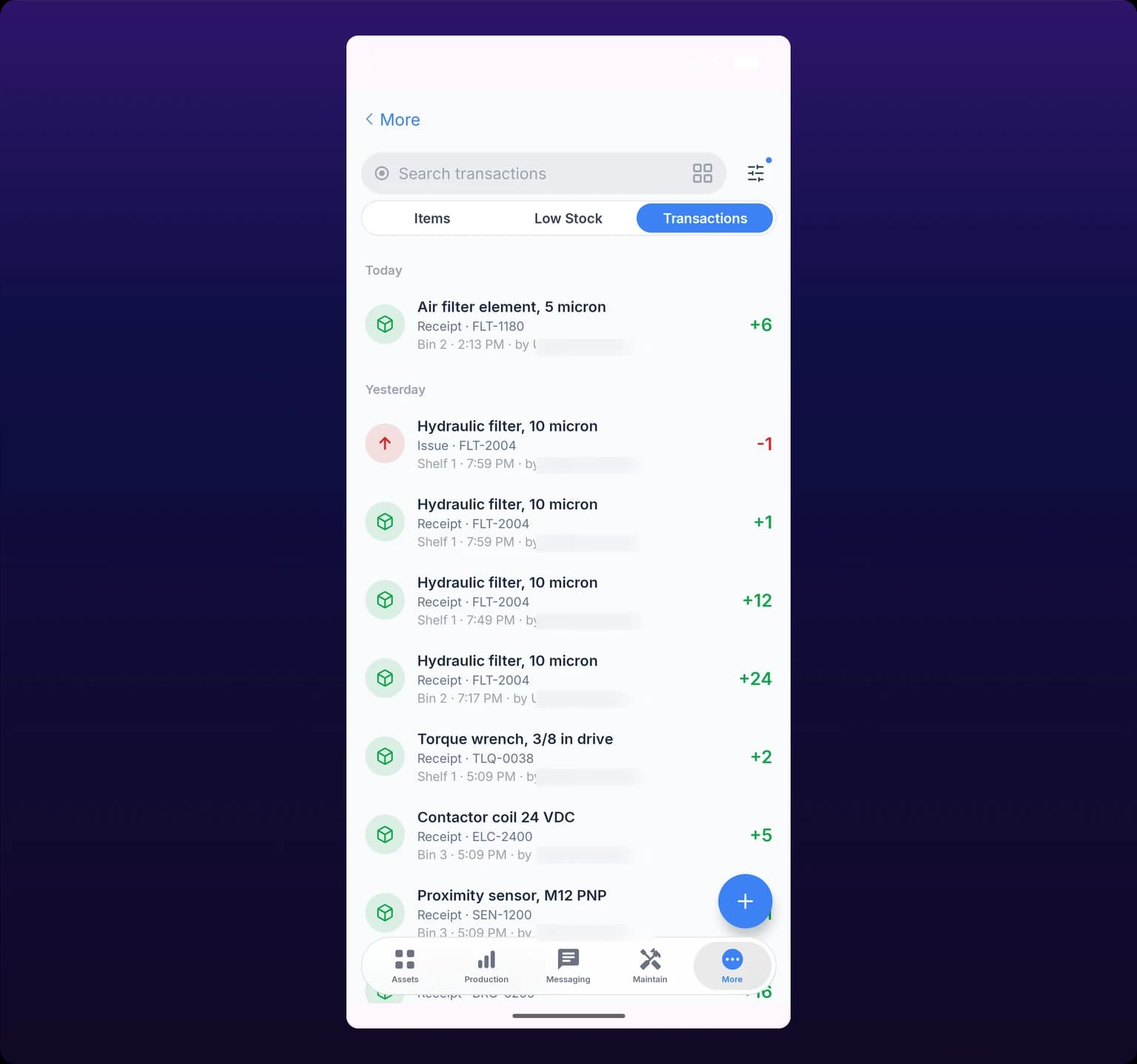 The Transactions segment of the Inventory screen in the mobile app, showing stacked ledger entries grouped by day, each with a type badge, location, timestamp and a signed change