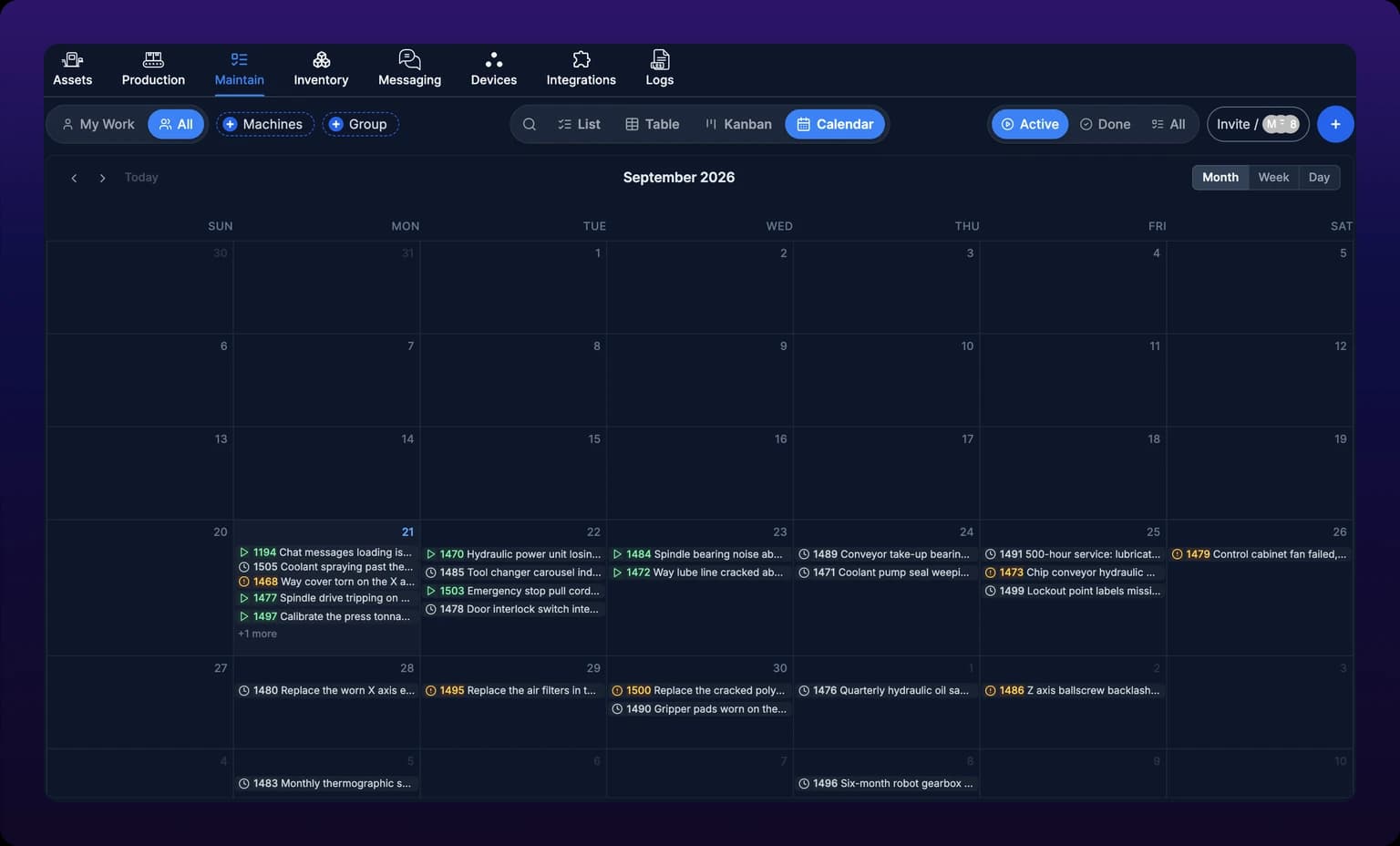 Calendar view of the maintenance board in month mode, a six-week grid with colored work-order blocks placed on their due dates, prev, next and today buttons at the top left, the month name in the center, and month, week and day buttons at the top right