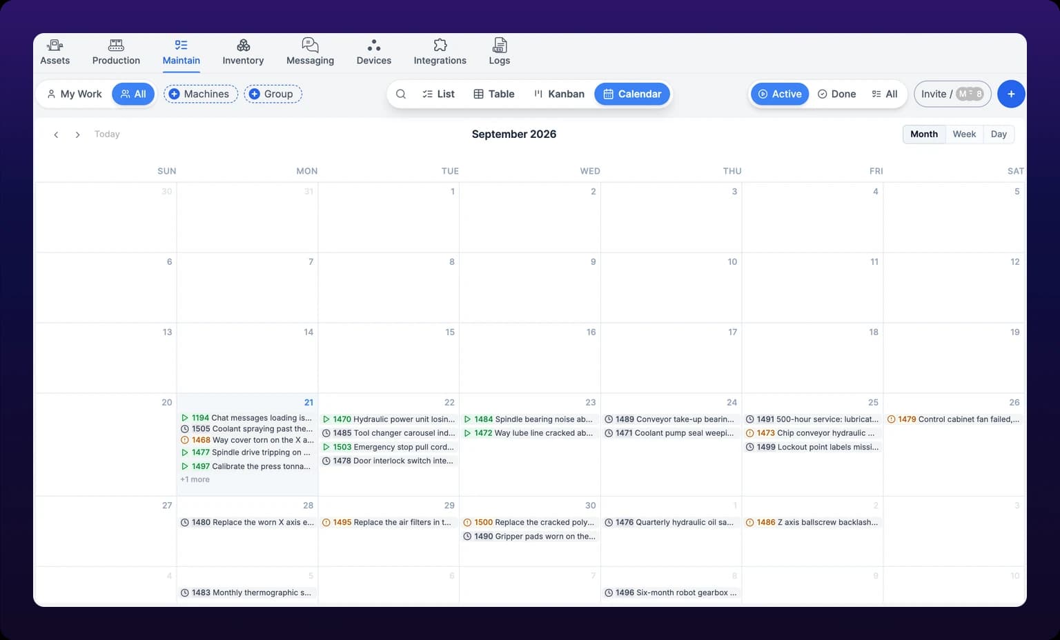 Calendar view of the maintenance board in month mode, a six-week grid with colored work-order blocks placed on their due dates, prev, next and today buttons at the top left, the month name in the center, and month, week and day buttons at the top right
