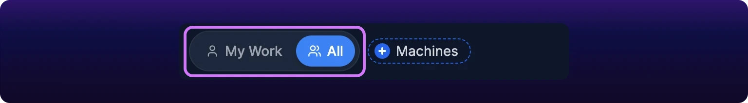 A cropped detail of the left of the maintenance control bar. A violet box surrounds a two-button pill: the left button carries a single-person icon labeled My Work, and the right button, carrying a group icon and labeled All, is highlighted blue as the live scope. The dashed Machines filter chip sits outside the box to its right