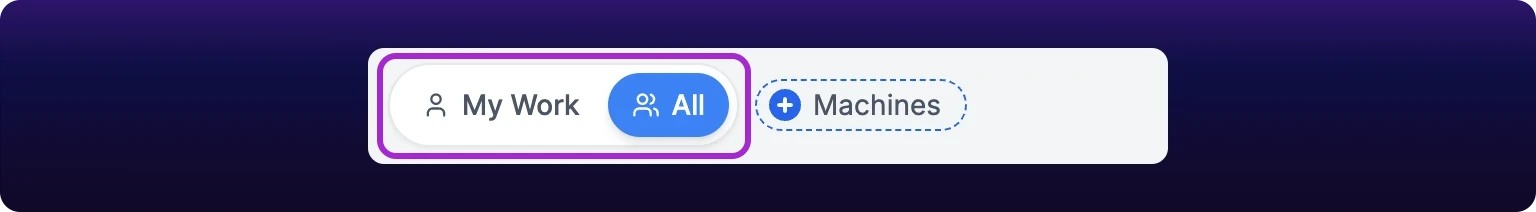 A cropped detail of the left of the maintenance control bar. A violet box surrounds a two-button pill: the left button carries a single-person icon labeled My Work, and the right button, carrying a group icon and labeled All, is highlighted blue as the live scope. The dashed Machines filter chip sits outside the box to its right