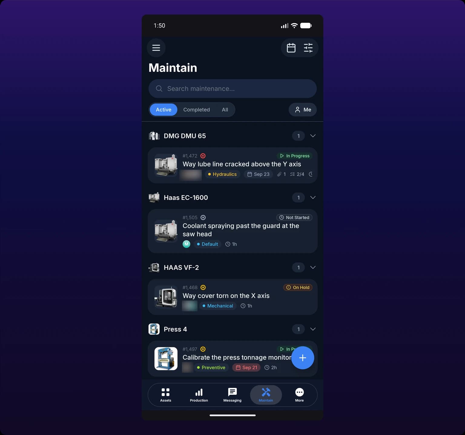 The IoTFlows Android app showing the maintenance board in Card view, a vertical stack of work-order cards under a machine-name heading, with a view pill reading Card, Kanban, List and Calendar above them and a search icon and filter icon in the top bar