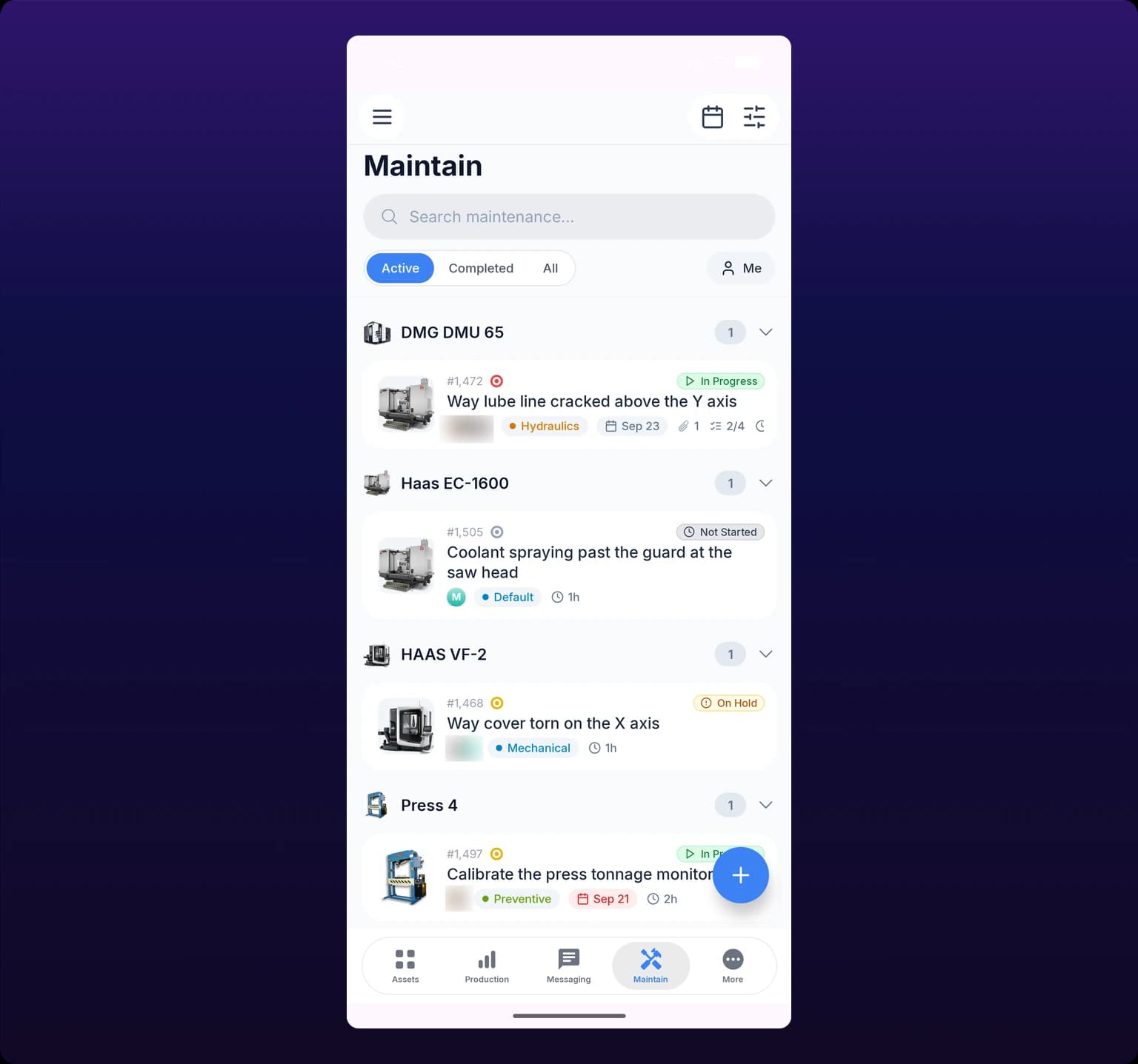 The IoTFlows Android app showing the maintenance board in Card view, a vertical stack of work-order cards under a machine-name heading, with a view pill reading Card, Kanban, List and Calendar above them and a search icon and filter icon in the top bar