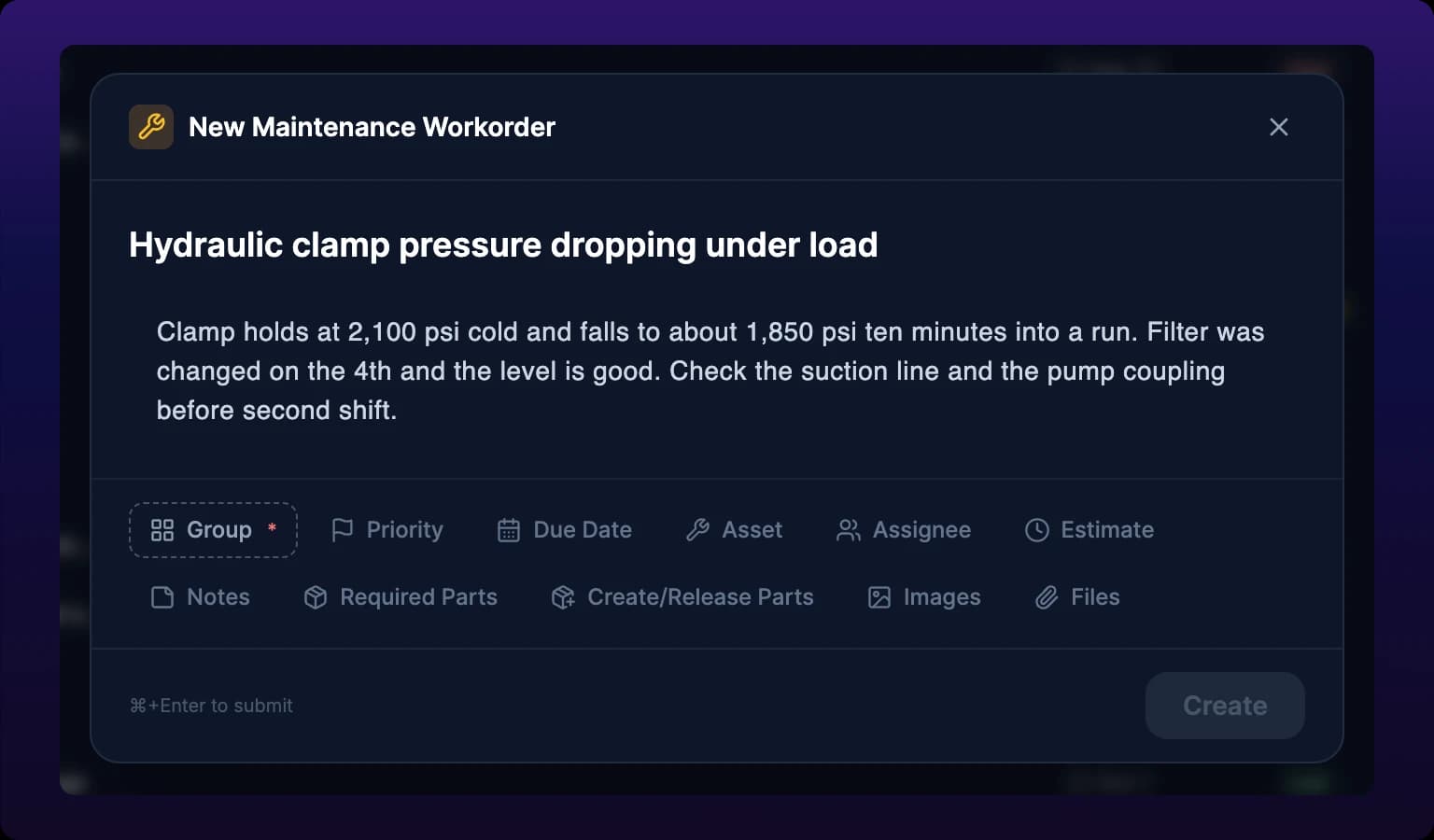 The New Maintenance Workorder modal, with a title field, a description area, a wrapped row of chips reading Group, Priority, Due Date, Asset, Assignee, Estimate, Notes, Required Parts, Create/Release Parts, Images and Files, and a grayed-out Create button at the bottom right