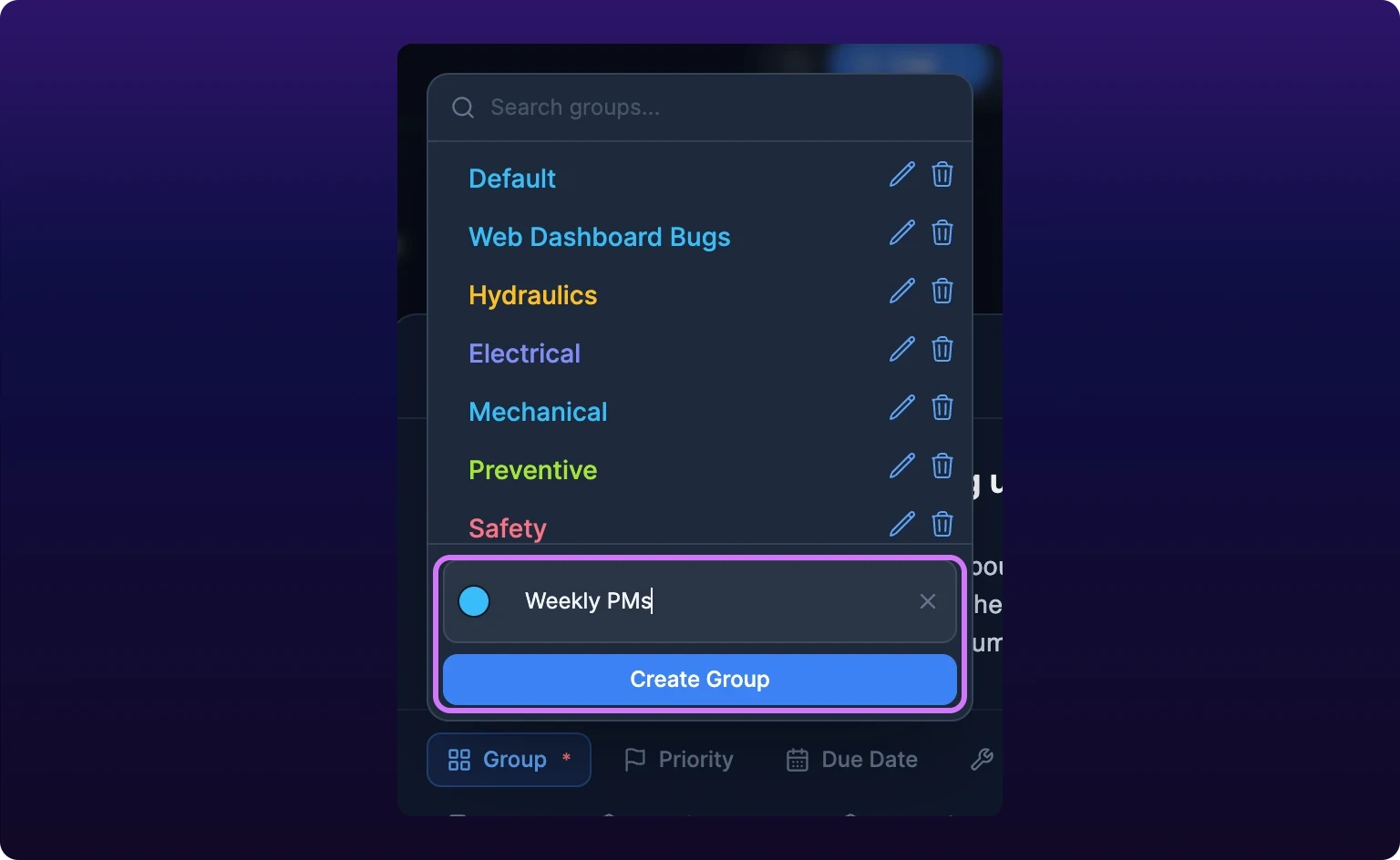 The Group dropdown open over the modal, listing the board's colored groups above an Add group row expanded into a color swatch, a Group name field holding Weekly PMs, and a Create Group button, with the expanded row outlined