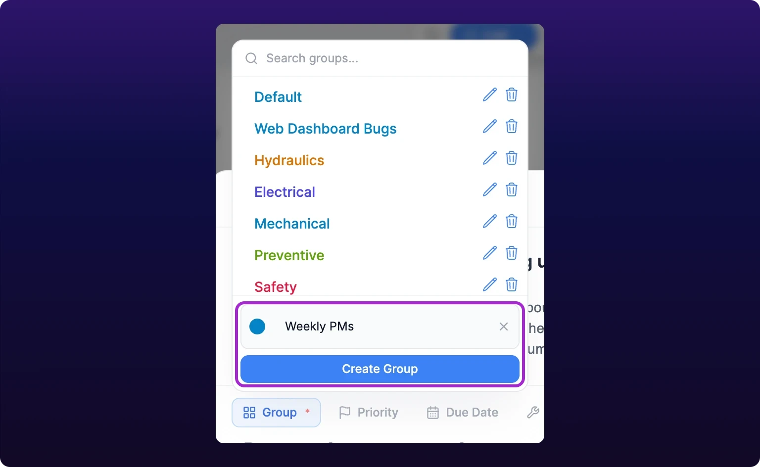 The Group dropdown open over the modal, listing the board's colored groups above an Add group row expanded into a color swatch, a Group name field holding Weekly PMs, and a Create Group button, with the expanded row outlined