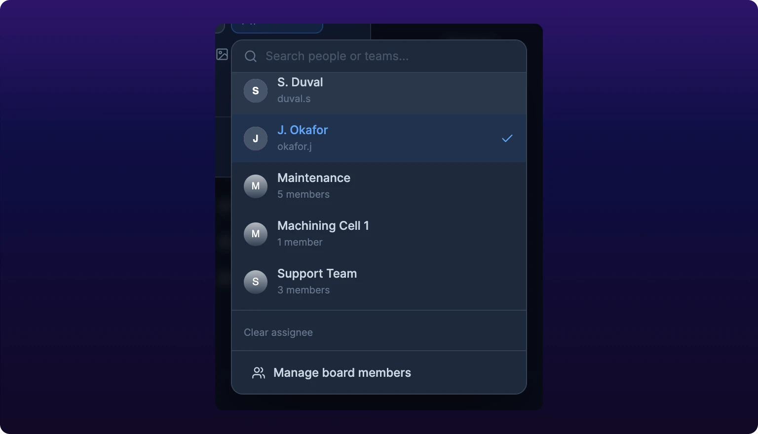 The Assignee dropdown open over the modal, listing people with avatars and usernames and teams with member counts, one row selected, and a Manage board members button at the bottom