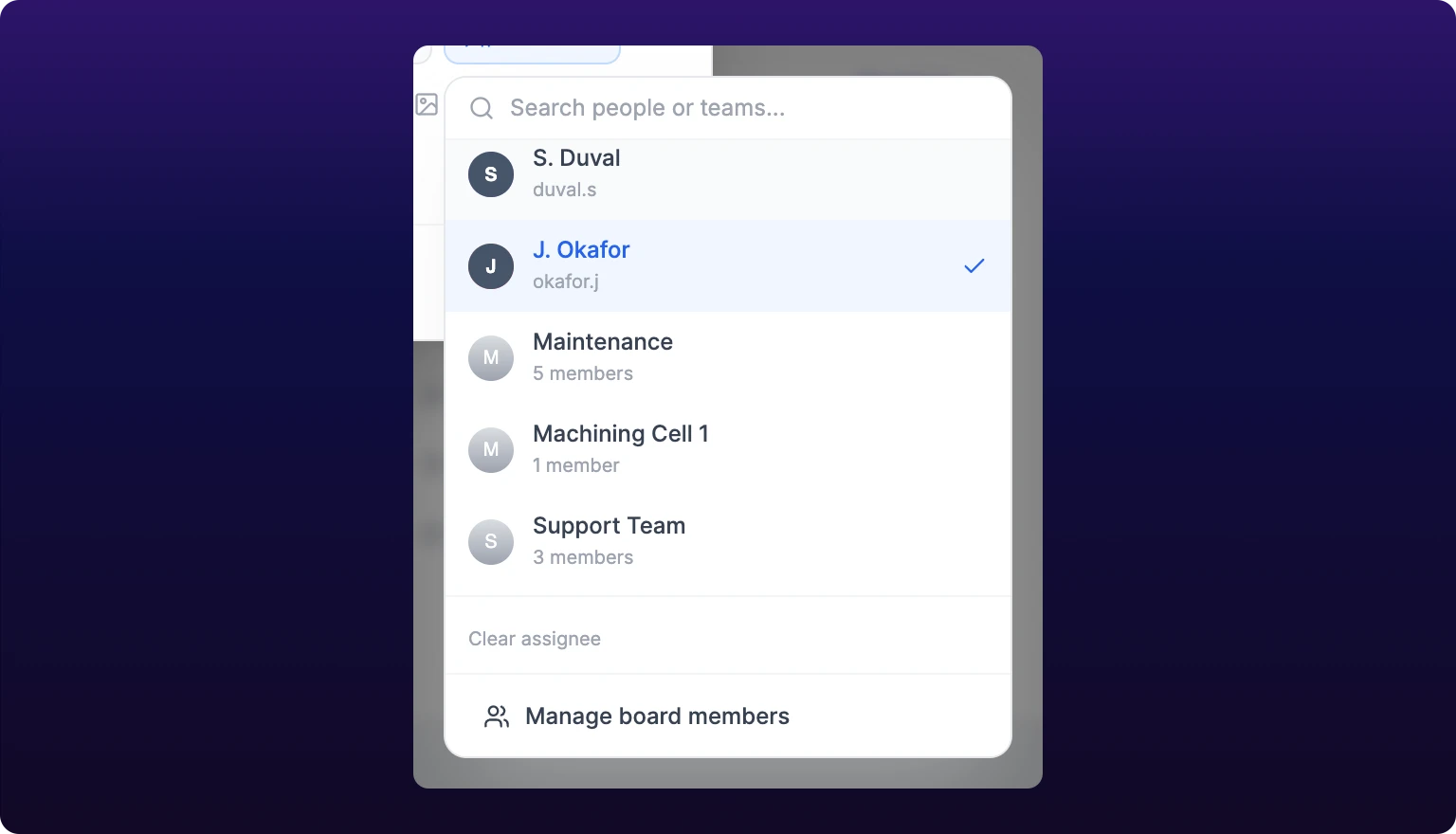 The Assignee dropdown open over the modal, listing people with avatars and usernames and teams with member counts, one row selected, and a Manage board members button at the bottom