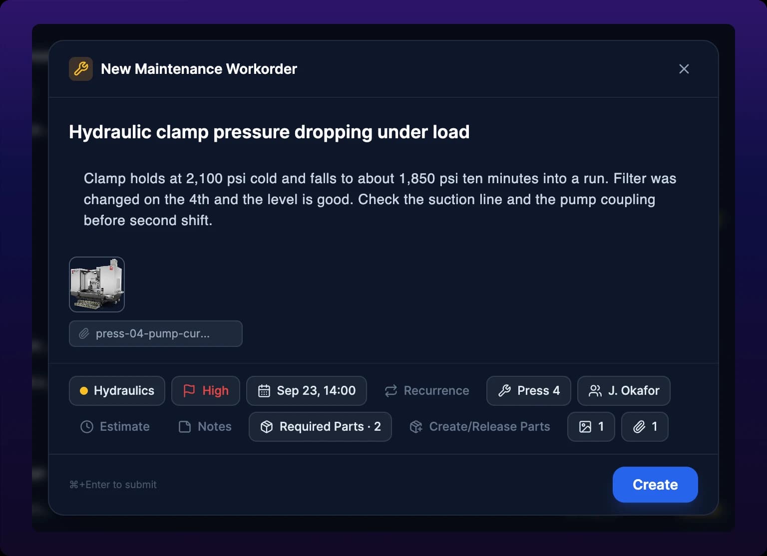 The create modal with an image thumbnail and a PDF chip named press-04-pump-curve previewing under the description, and the Images and Files chips each showing a count of one