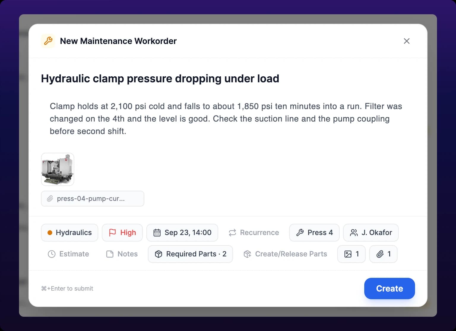 The create modal with an image thumbnail and a PDF chip named press-04-pump-curve previewing under the description, and the Images and Files chips each showing a count of one
