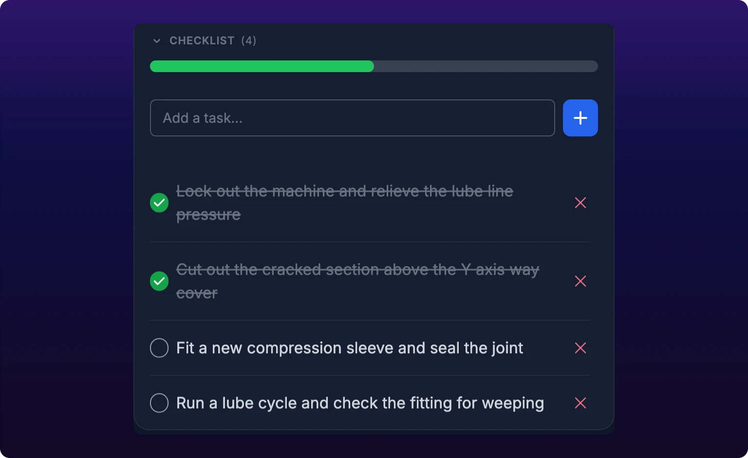 The expanded Checklist section of the work-order drawer showing four steps, the first two ticked and struck through, and an input row for adding another step