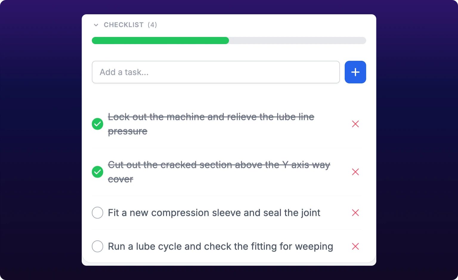 The expanded Checklist section of the work-order drawer showing four steps, the first two ticked and struck through, and an input row for adding another step