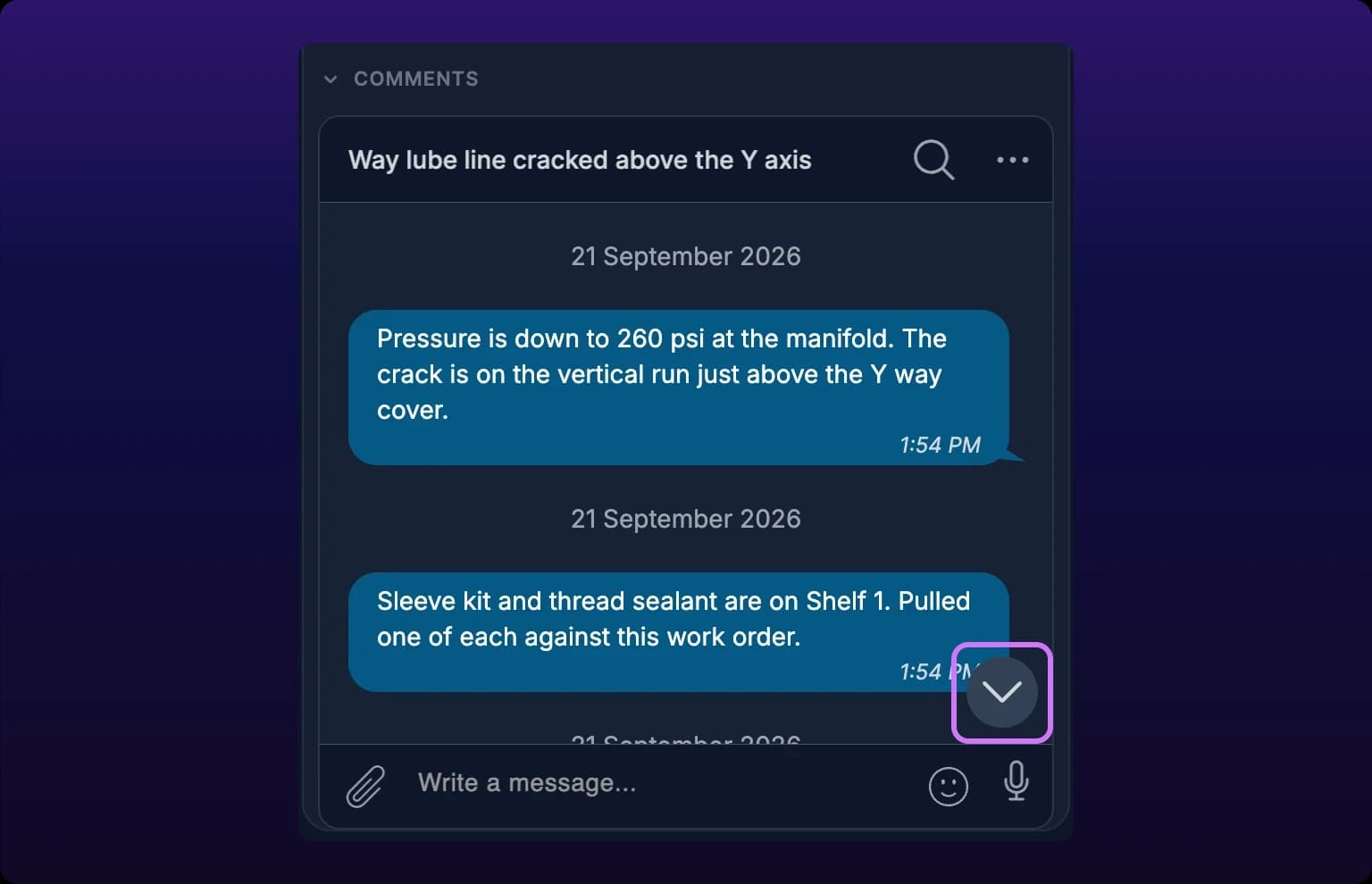 The Comments panel in the work-order drawer, scrolled back through a thread of three timestamped messages, with a composer at the bottom and the round jump-to-latest button outlined above it