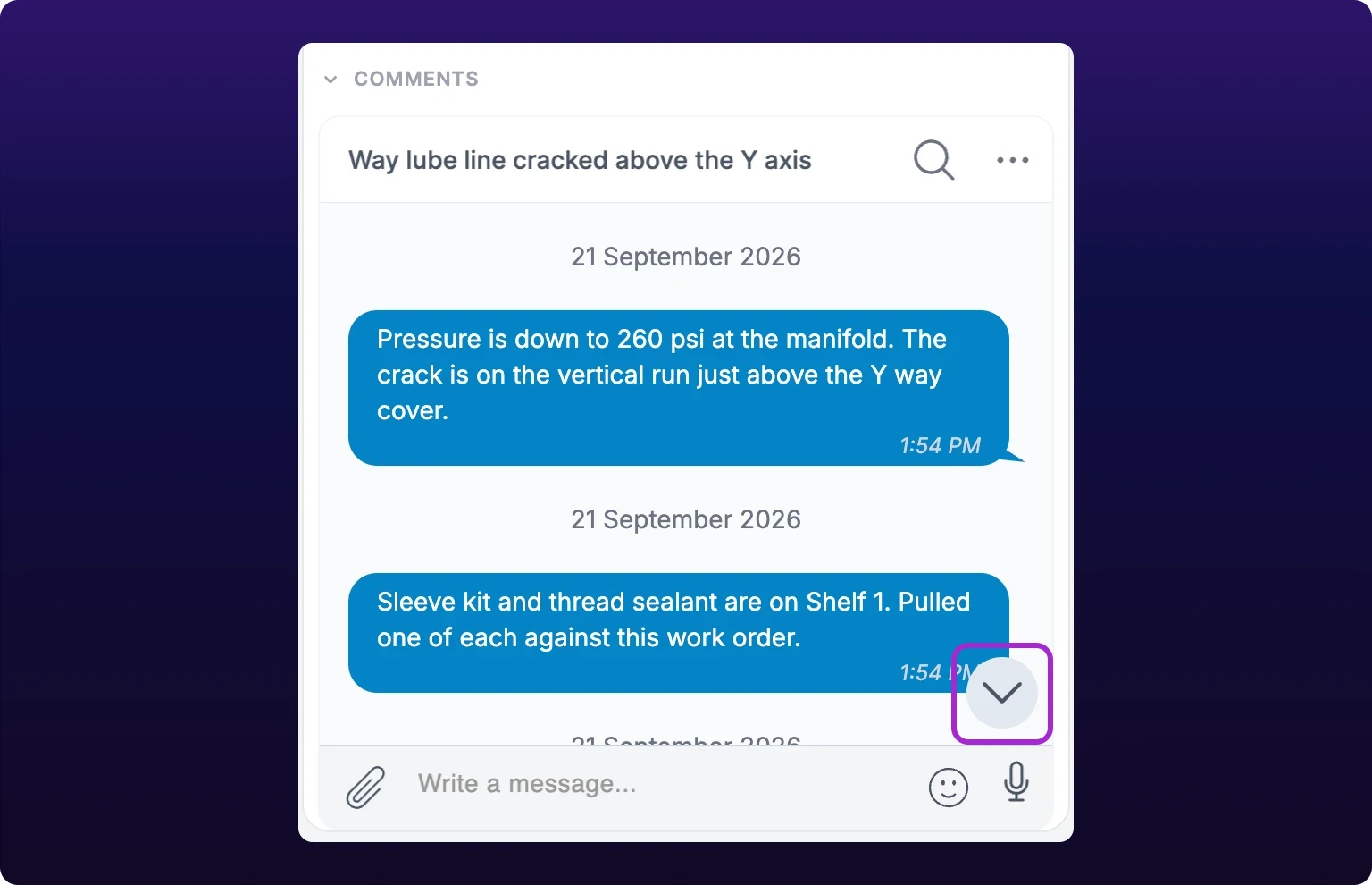 The Comments panel in the work-order drawer, scrolled back through a thread of three timestamped messages, with a composer at the bottom and the round jump-to-latest button outlined above it